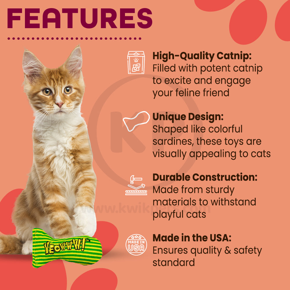 Yeowww! Stinkies Sardines Catnip Cat Toy Yellow & Green 3-in