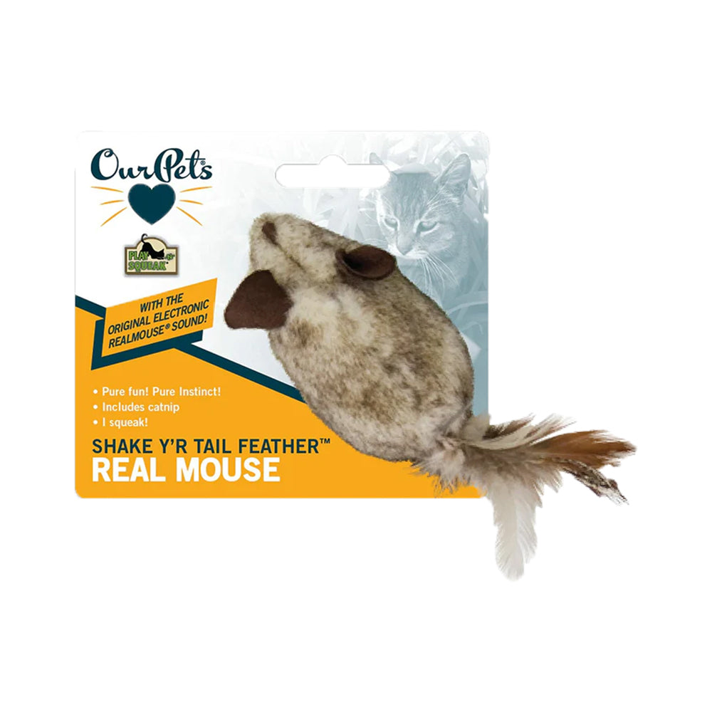 OurPets Play-N-Squeak Real Mouse Shake y'r Tail Feather Cat Toy