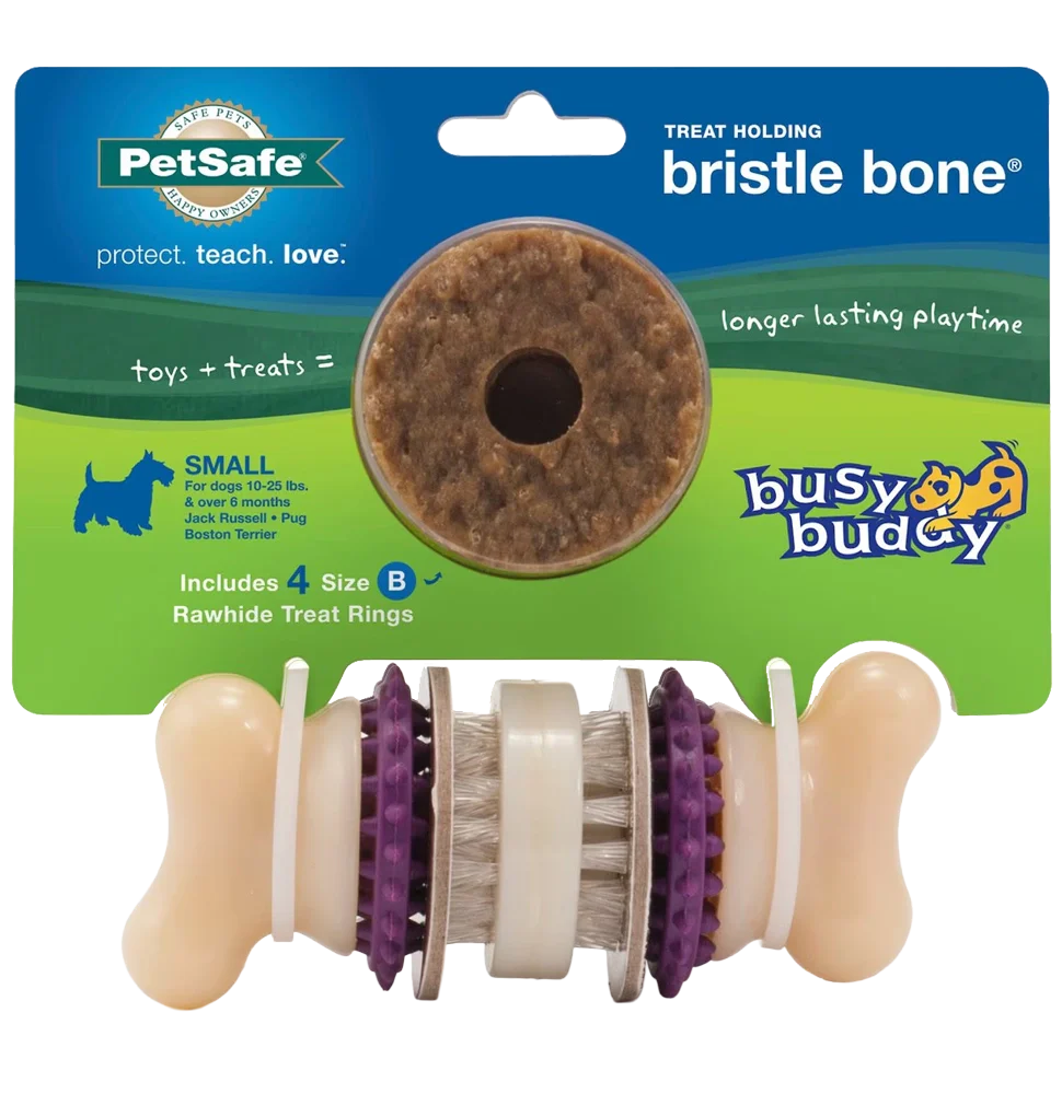 Busy Buddy Bristle Bone Treat-Dispensing Dog Chew Toy with Refillable Rawhide Treats Multicolor Small