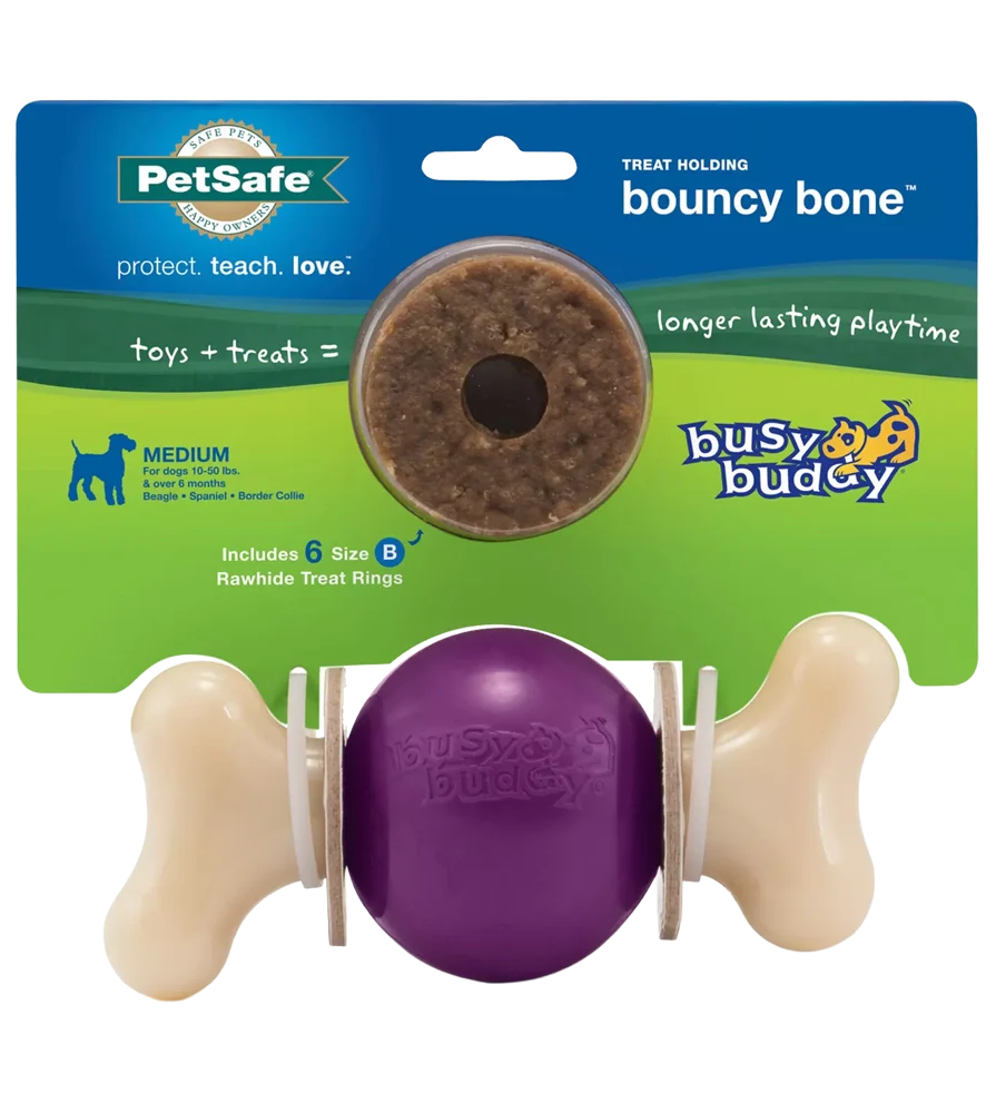 Busy Buddy Bouncy Bone Treat-Dispensing Dog Chew Toy with Refillable Rawhide Treats Multicolor Medium