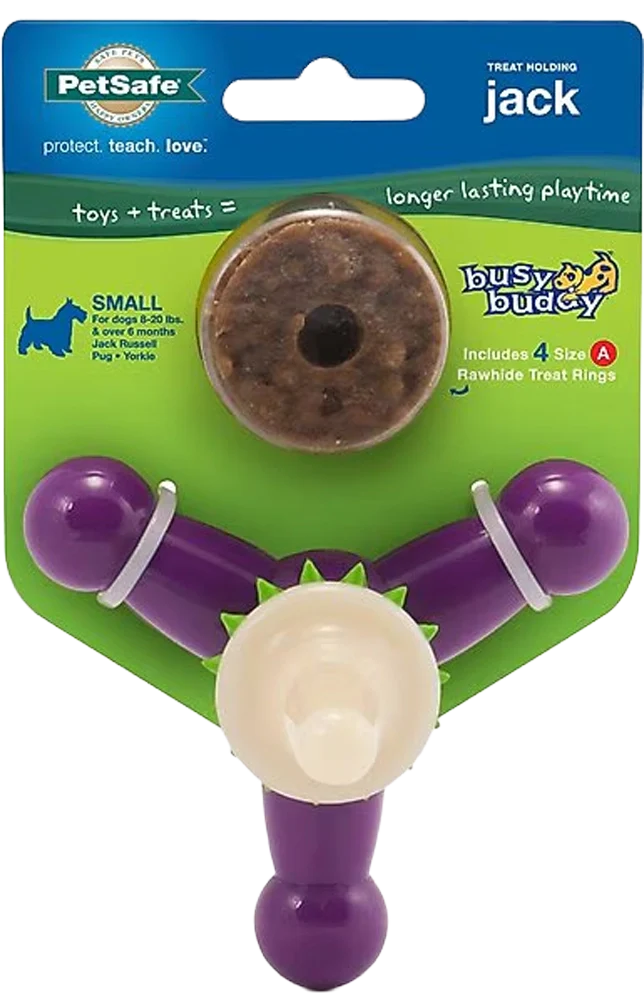 Busy Buddy Jack Treat-Dispensing Dog Chew Toy with Refillable Rawhide Treats Purple & White Small