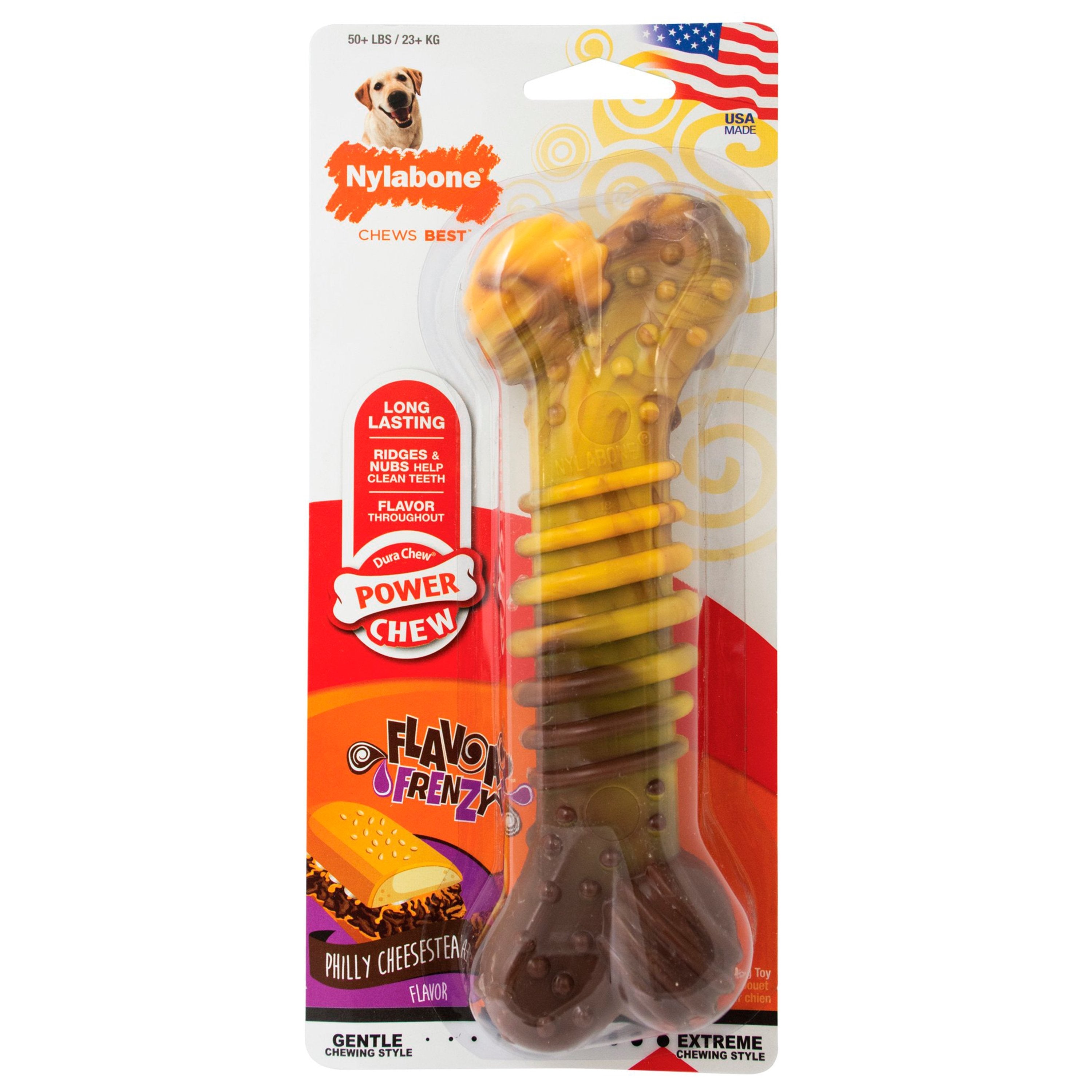 Nylabone Flavor Frenzy Power Chew Durable Dog Toy Philly Cheesesteak XL/Souper - 50+ lbs