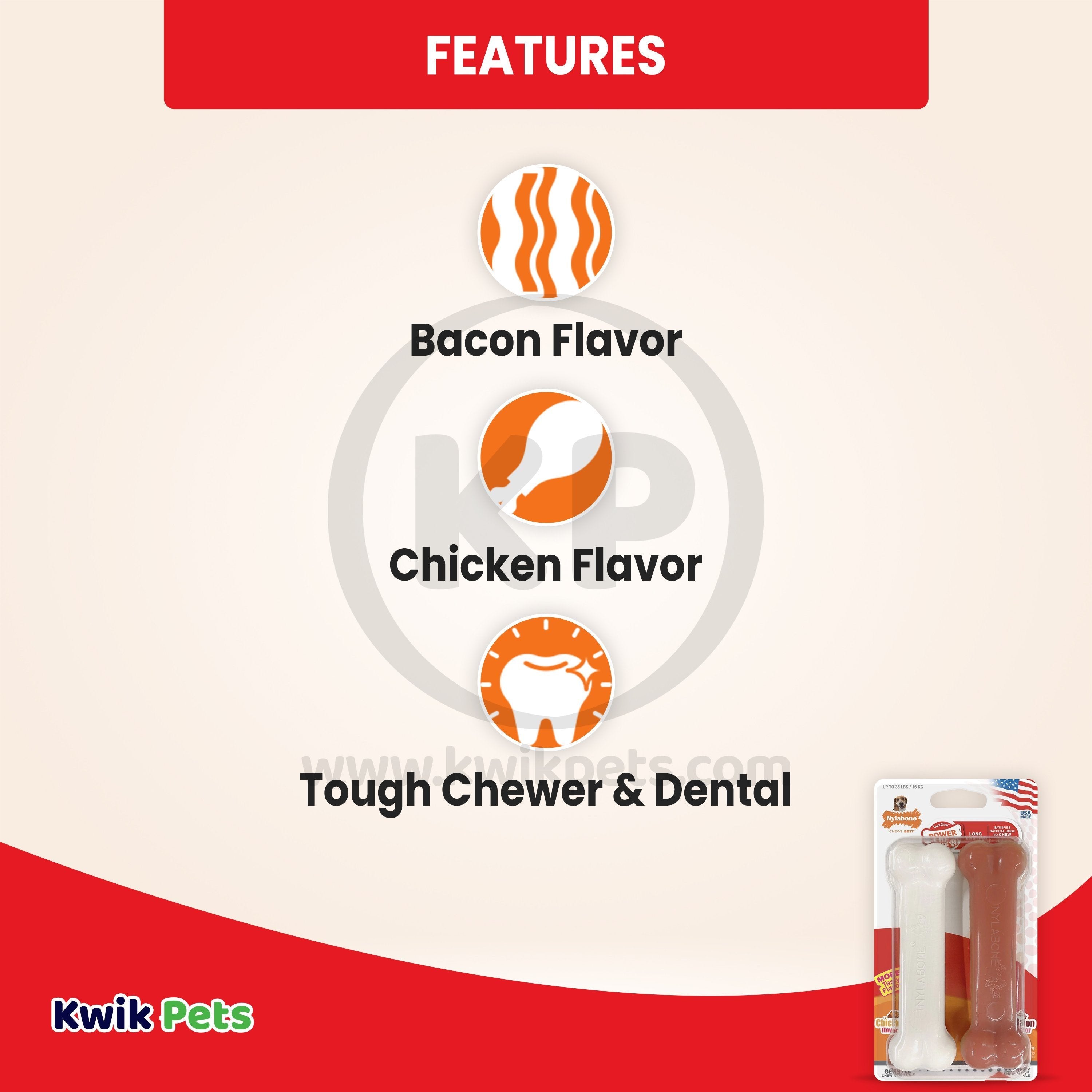 Nylabone Classic Power Chew Bacon & Chicken Flavor Durable Dog Toy Medium/Wolf - Up To 35 lbs 2 Count