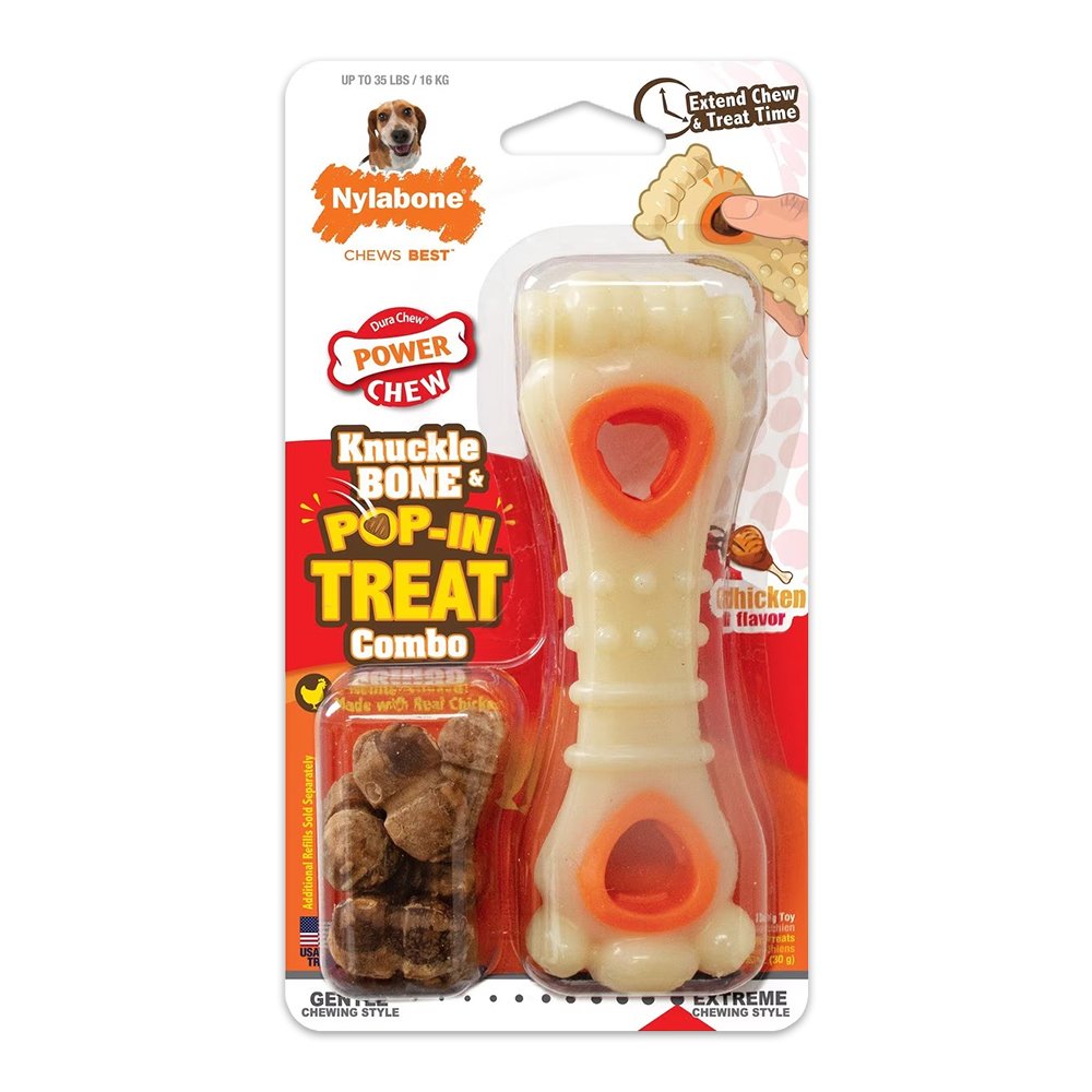 Nylabone Power Chew Knuckle Bone & Pop-In Treat Dog Toy Combo Chicken Medium/Wolf - Up To 35 lbs