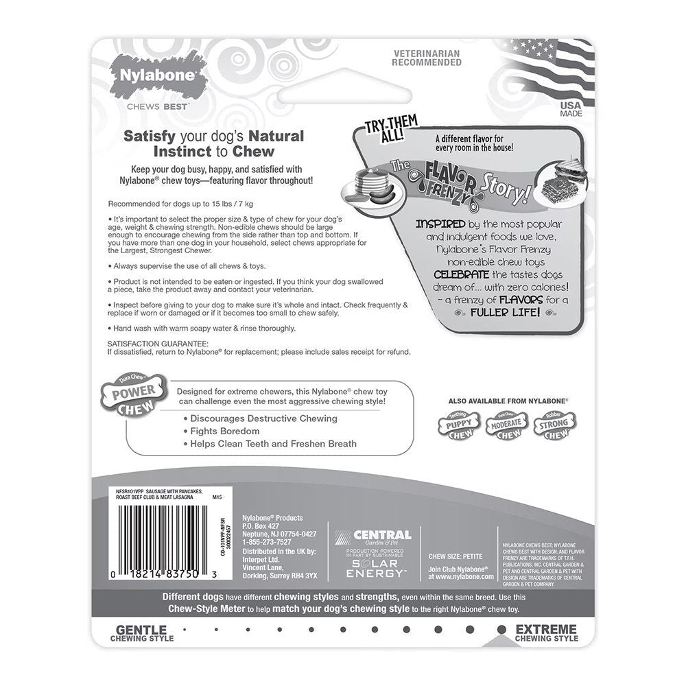 Nylabone Flavor Frenzy Power Chew Dog Toy Triple Pack Pancakes & Sausage, Roast Beef Club, & Lasagna XS/Petite - Up To 15 lbs 3 Count