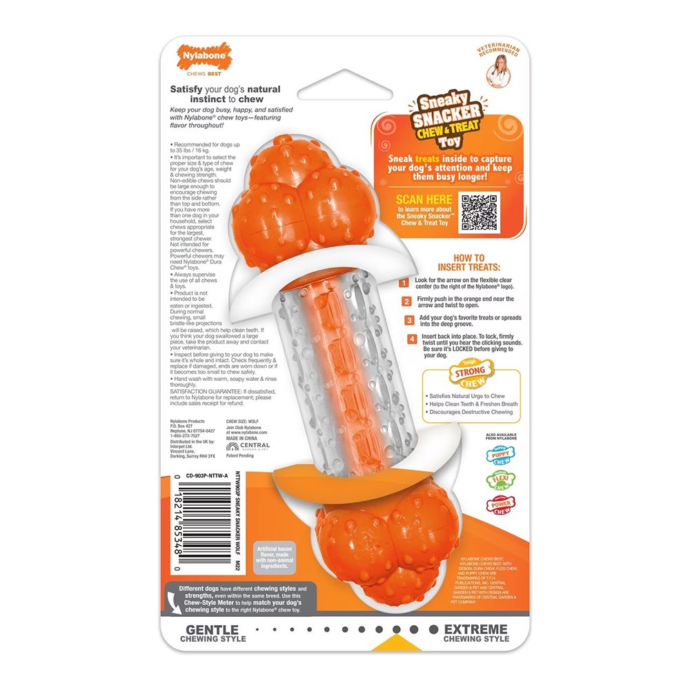 Nylabone Sneaky Snacker Chew & Treat Dog Toy Bacon Flavor Orange Medium/Wolf - Up To 35 lbs