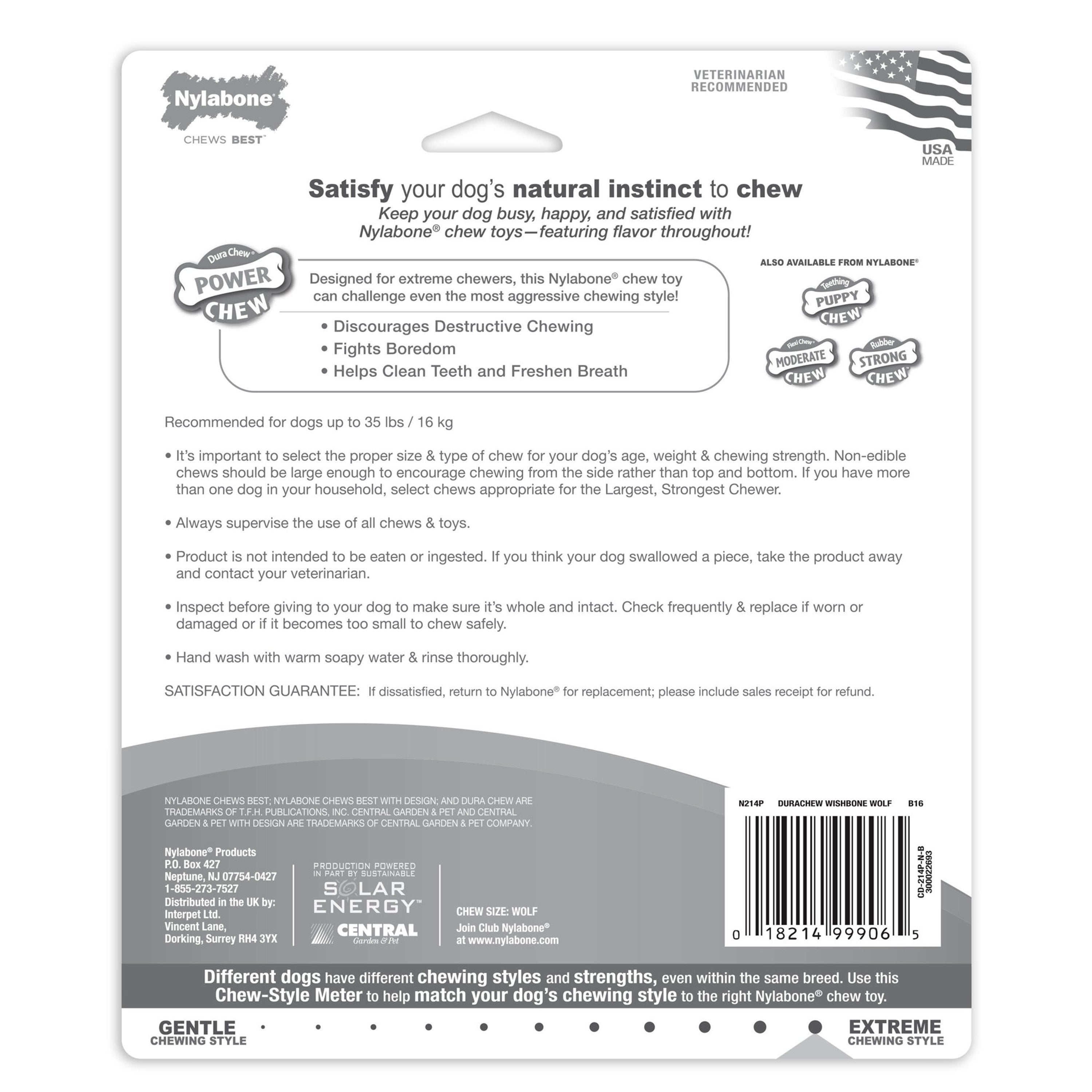 Nylabone Power Chew Original Wishbone Adult Dog Toy Medium/Wolf - Up To 35 lbs