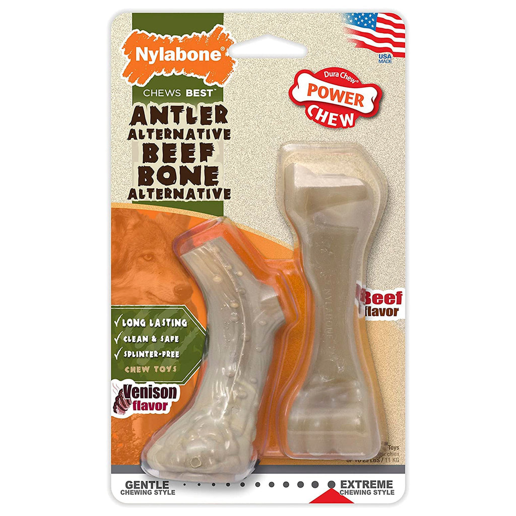 Nylabone Power Chew Venison Antler Alternative & Beef Bone Dog Toy Twin Pack Small/Regular - Up To 25 lbs