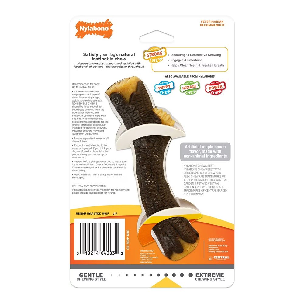 Nylabone Strong Chew Real Wood Dog Stick Toy Bacon Medium/Wolf - Up To 35 lbs