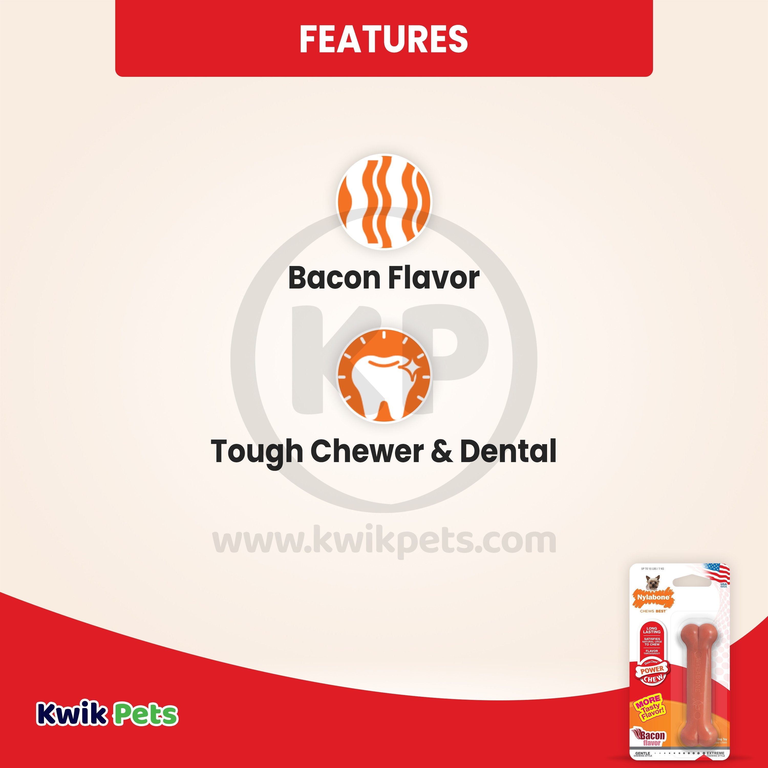 Nylabone Power Chew Dog Toy Bacon XS/Petite - Up To 15 lbs