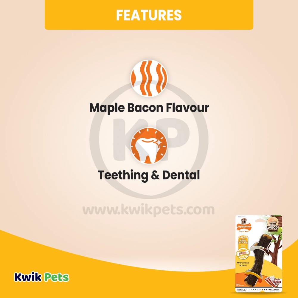 Nylabone Strong Chew Real Wood Dog Stick Toy Bacon Medium/Wolf - Up To 35 lbs