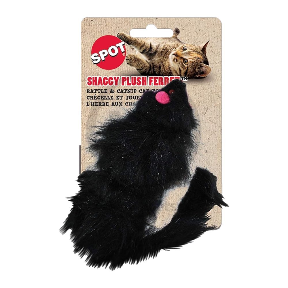 Spot Shaggy Plush Ferret Rattle & Catnip Cat Toy Black Large 11-in