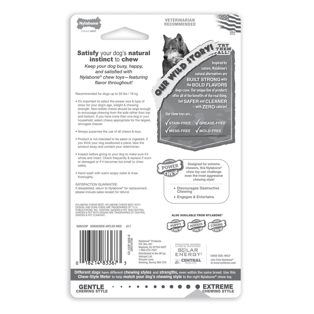 Nylabone Power Chew Antler Alternative Dog Toy Venison Medium/Wolf - Up To 35 lbs