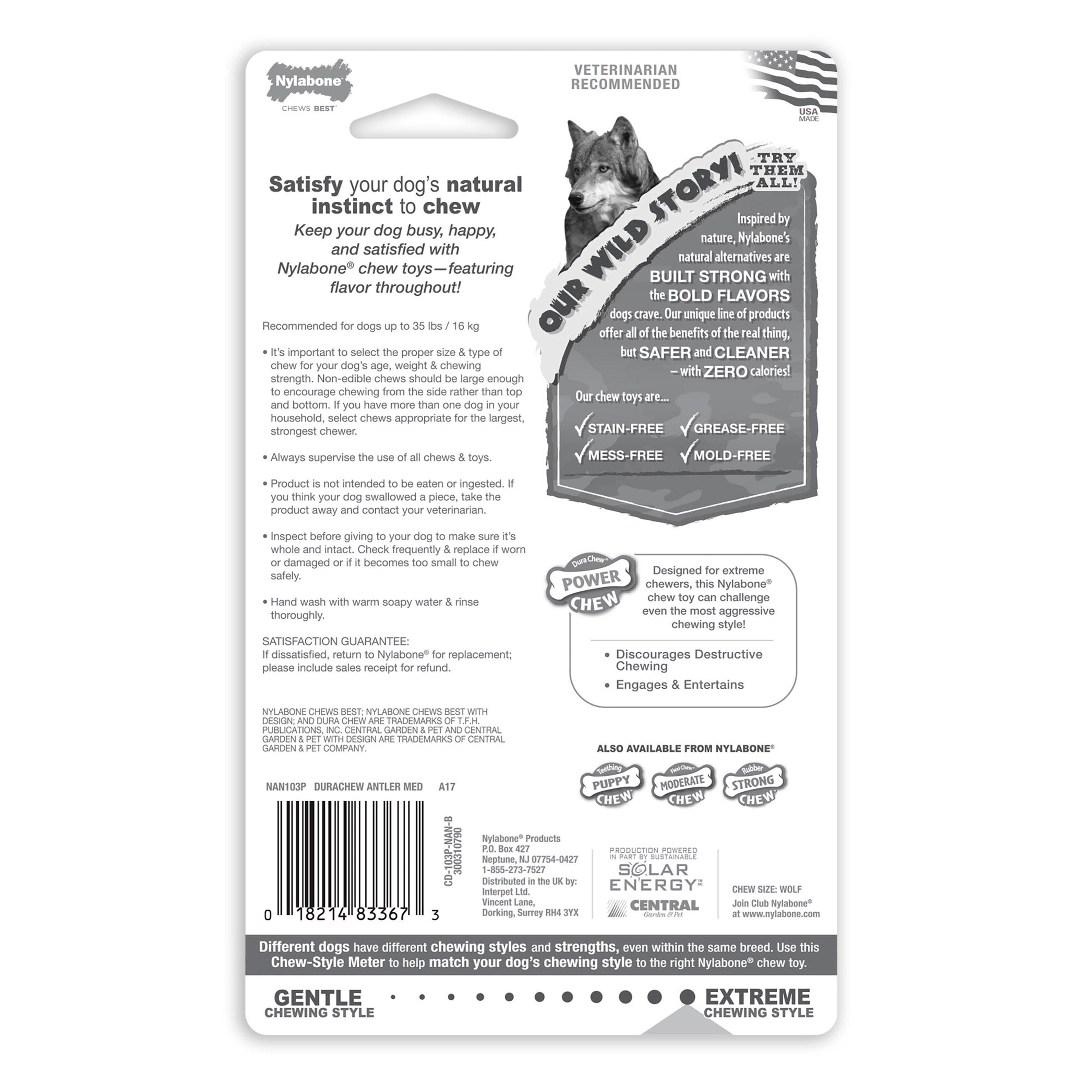 Nylabone Power Chew Antler Alternative Dog Toy Venison Medium/Wolf - Up To 35 lbs