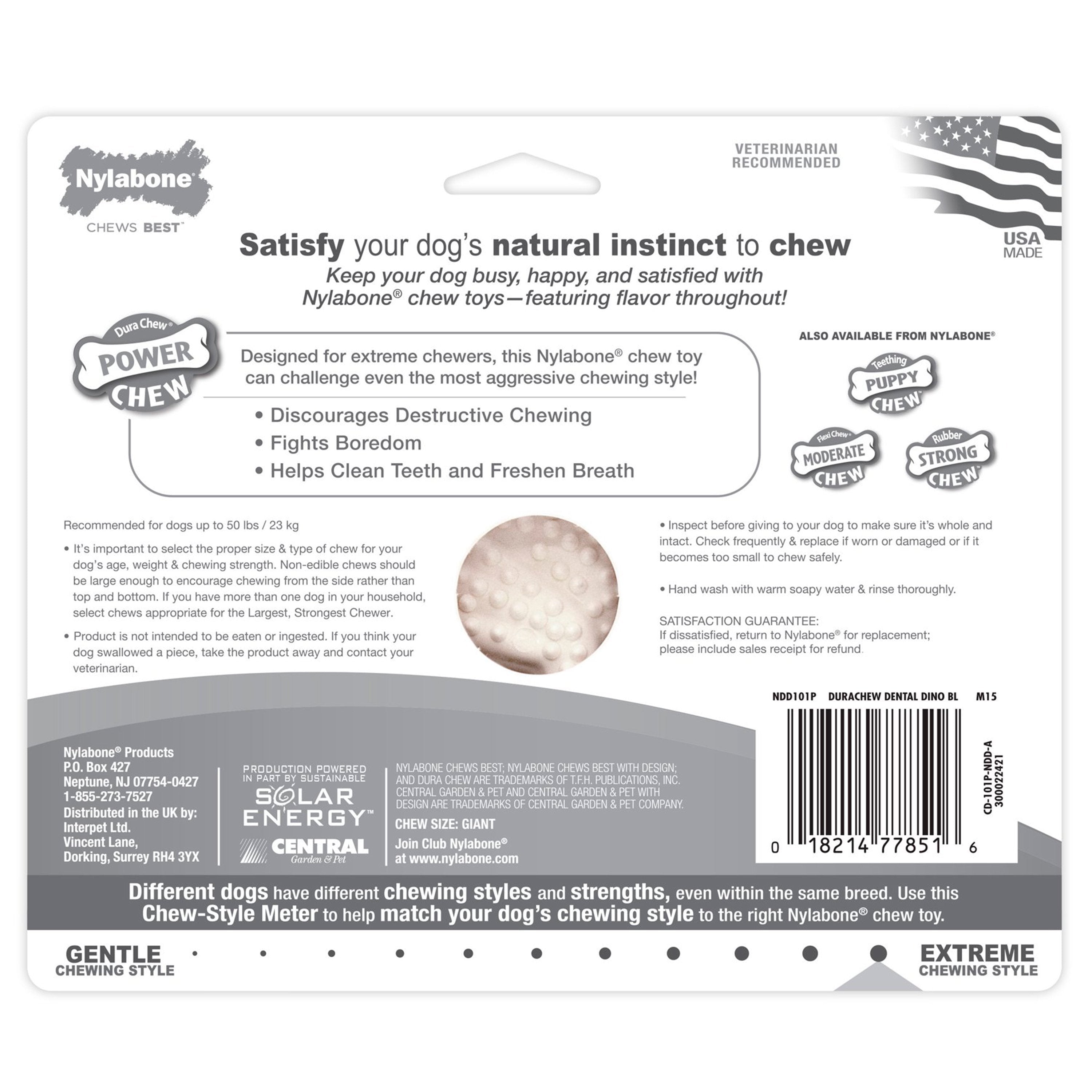 Nylabone Power Chew Dental Dinosaur Dog Toy Chicken White Large/Giant - Up To 50 lbs