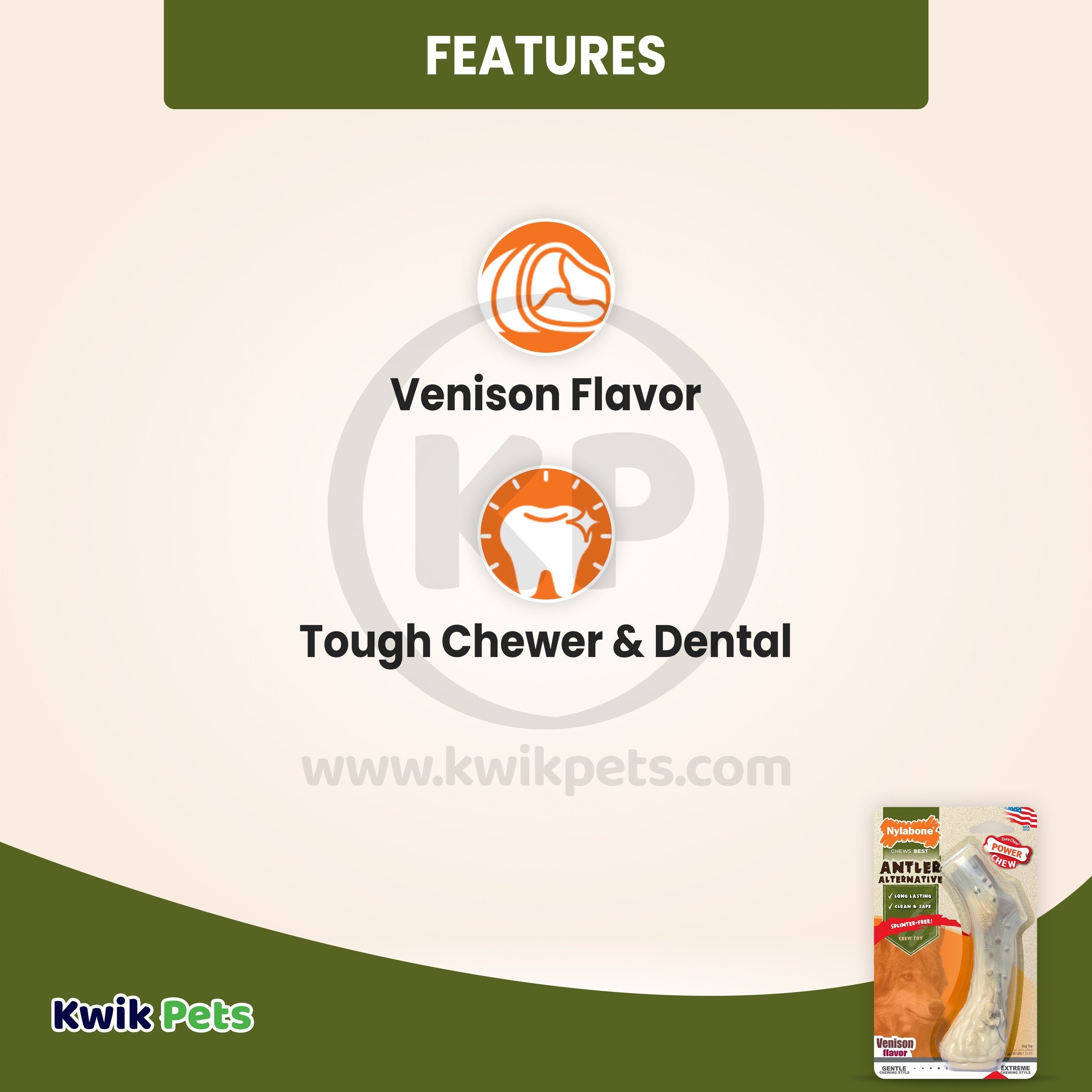 Nylabone Power Chew Antler Alternative Dog Toy Venison Medium/Wolf - Up To 35 lbs