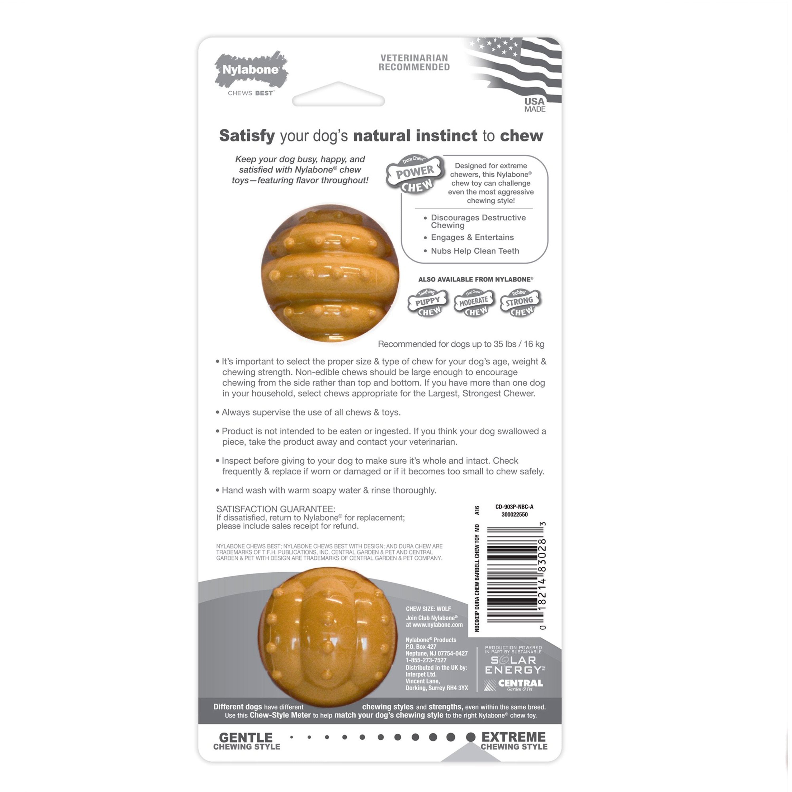 Nylabone Barbell Power Chew Durable Dog Toy Peanut Butter Medium/Wolf - Up To 35 lbs