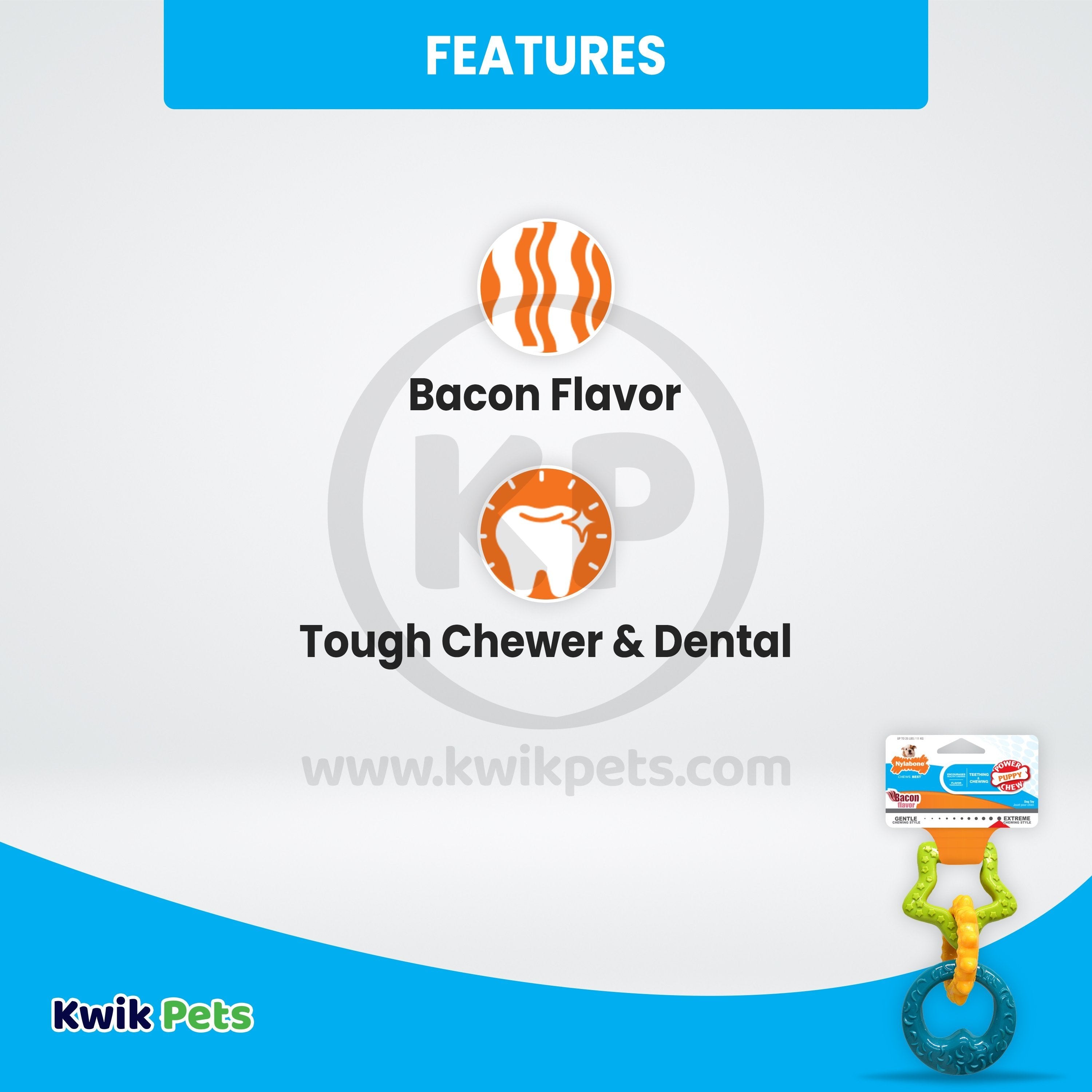 Nylabone Puppy Power Chew Teething Rings Toy Bacon Small/Regular - Up To 25 Ibs