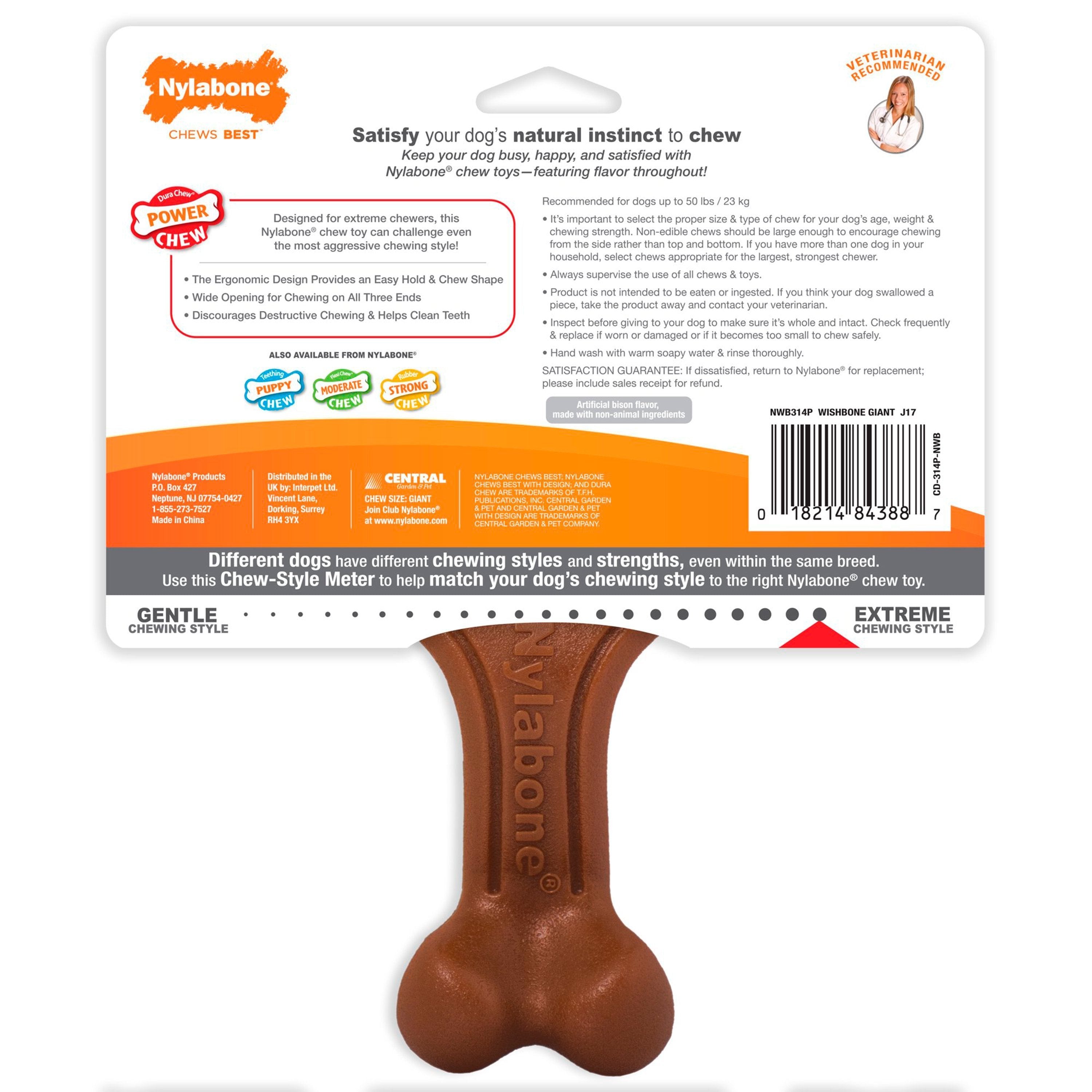 Nylabone Ergonomic Hold & Chew Wishbone Power Chew Durable Dog Toy Bison Large/Giant - Up To 50 lbs