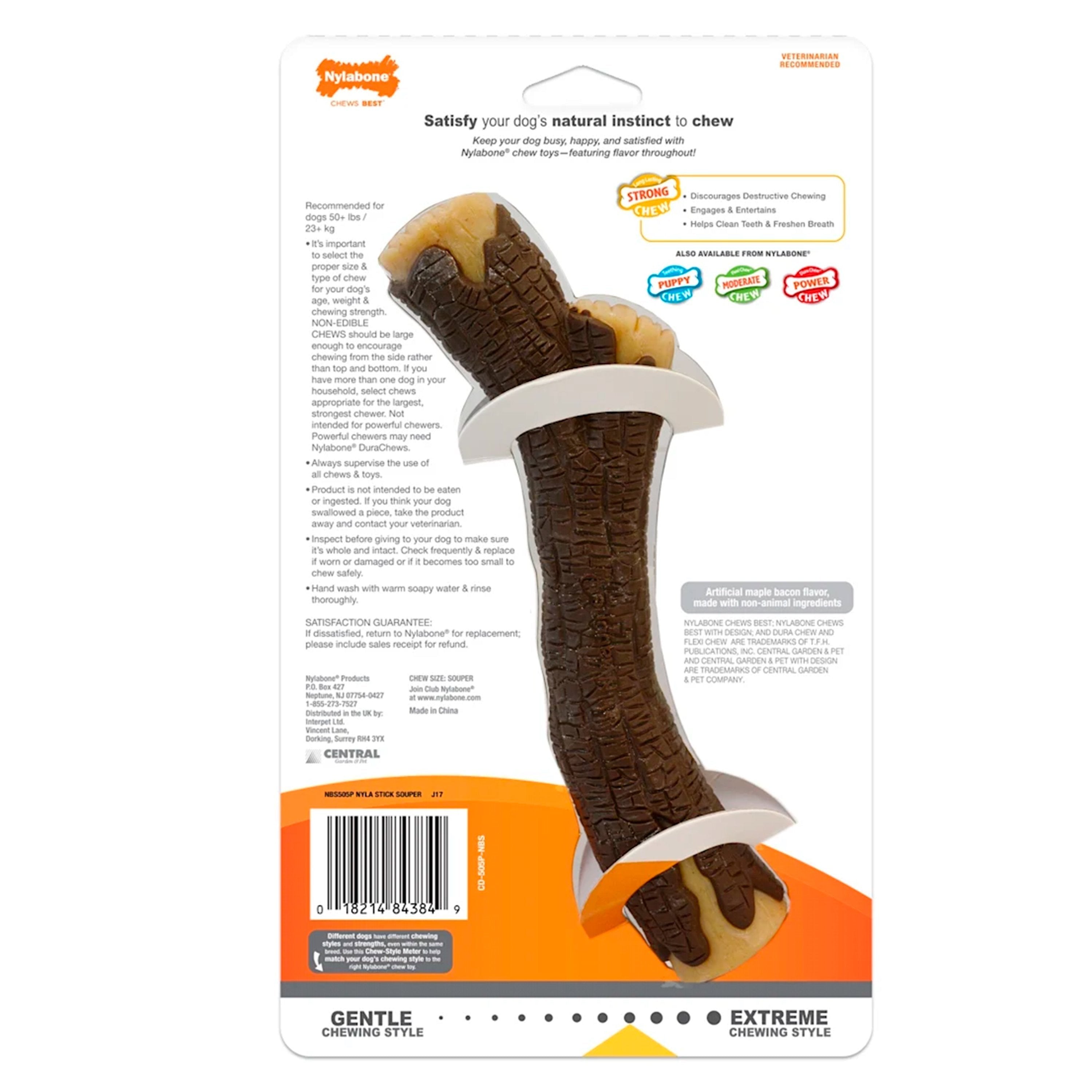 Nylabone Strong Chew Real Wood Dog Stick Toy Bacon XL/Souper - 50+ lbs