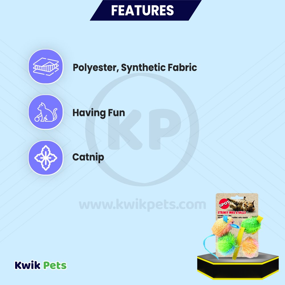 Spot Stringy Mice & Ball Cat Toy with Catnip Assorted 4 Count 2-in