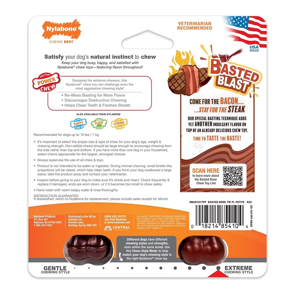 Nylabone Power Chew Basted Blast Dual Flavored Dog Toys Bacon & Steak XS/Petite - Up To 15 lbs 2 Count