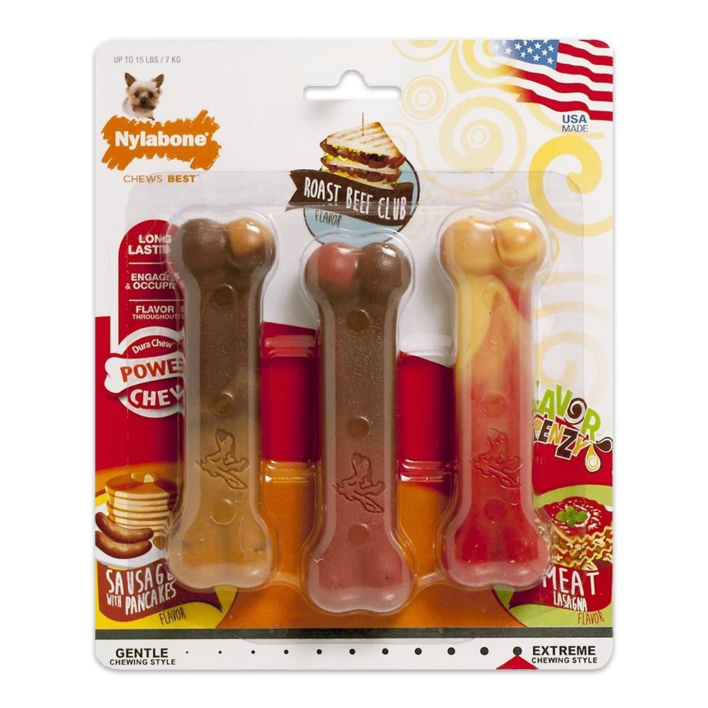 Nylabone Flavor Frenzy Power Chew Dog Toy Triple Pack Pancakes & Sausage, Roast Beef Club, & Lasagna XS/Petite - Up To 15 lbs 3 Count