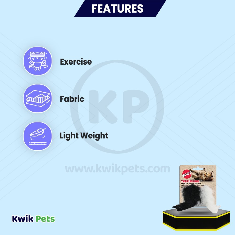 Spot Twin Plush Mice Rattle & Catnip Cat Toy Black & White 2 Count 4.5-in