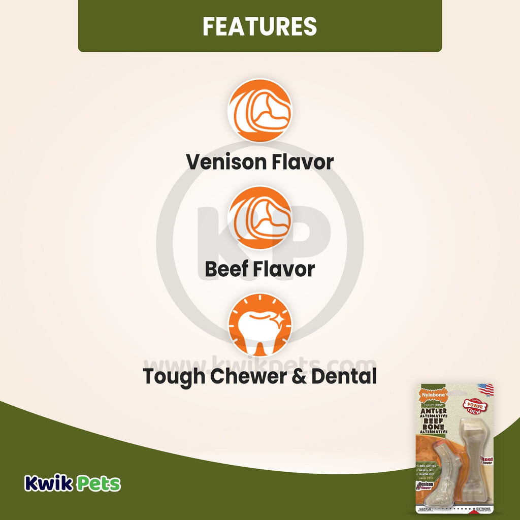 Nylabone Power Chew Venison Antler Alternative & Beef Bone Dog Toy Twin Pack Small/Regular - Up To 25 lbs
