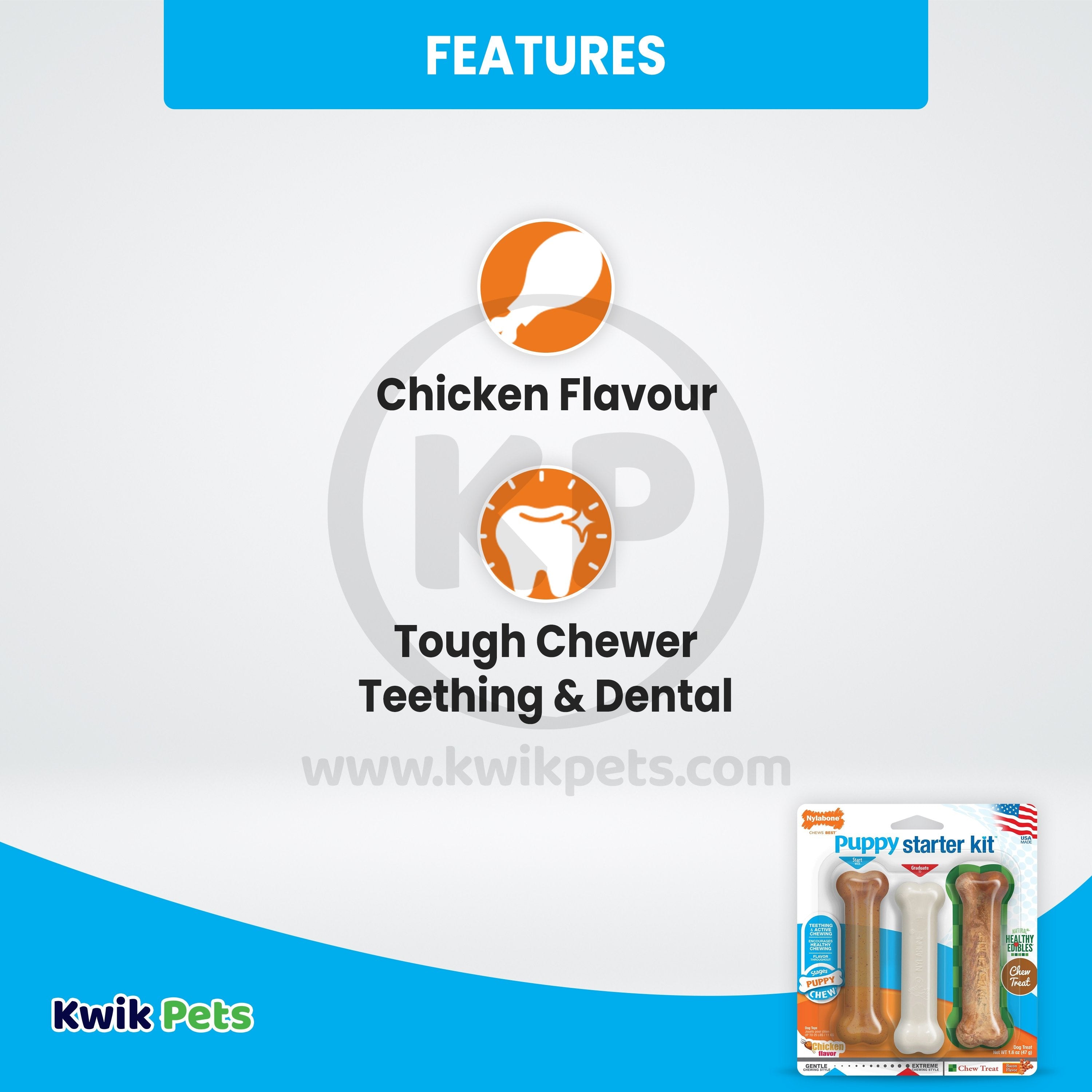 Nylabone Puppy Starter Kit Dog Chew Toys & Treat Chicken & Bacon Small/Regular - Up To 25 Ibs 3 Count