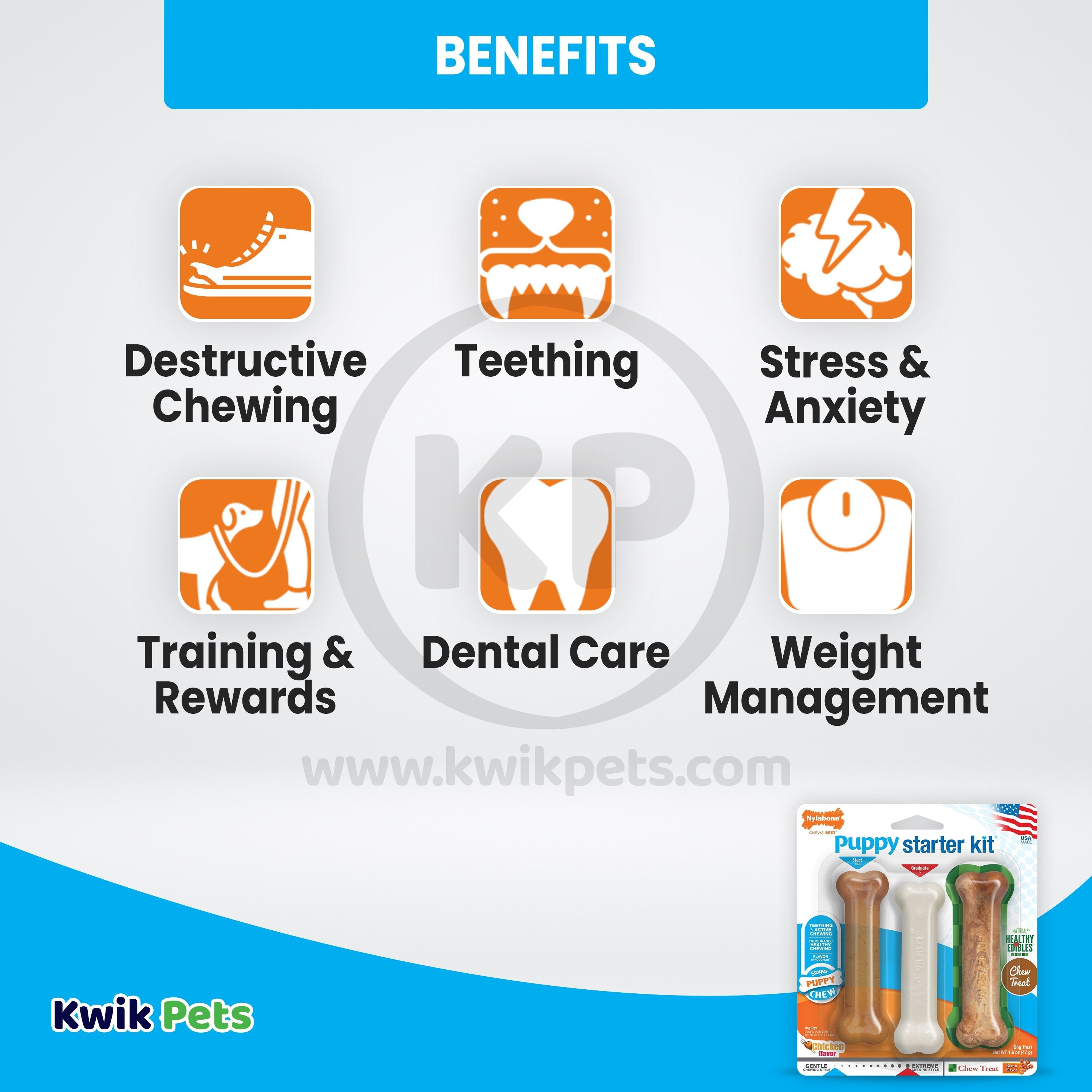 Nylabone Puppy Starter Kit Dog Chew Toys & Treat Chicken & Bacon Small/Regular - Up To 25 Ibs 3 Count