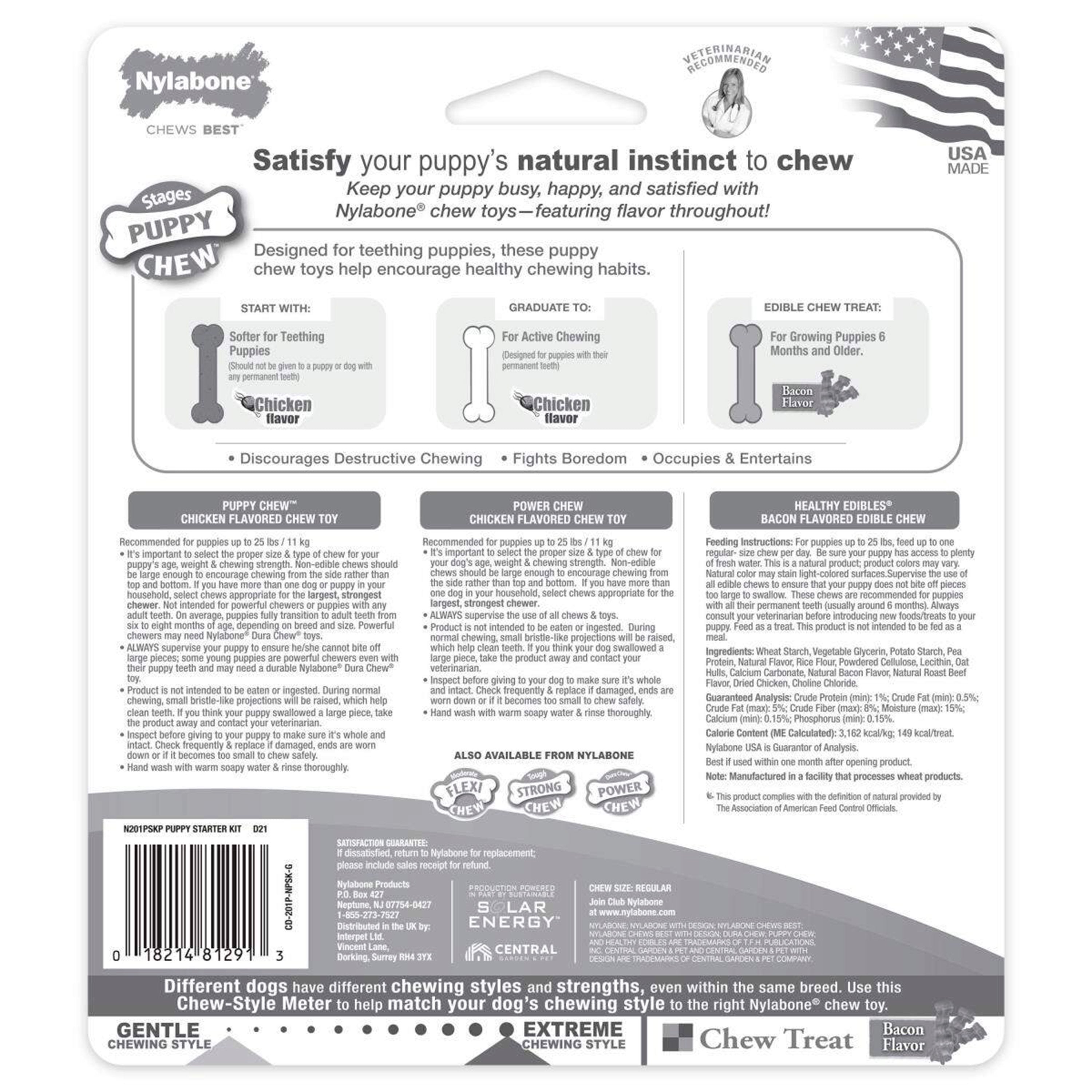 Nylabone Puppy Starter Kit Dog Chew Toys & Treat Chicken & Bacon Small/Regular - Up To 25 Ibs 3 Count