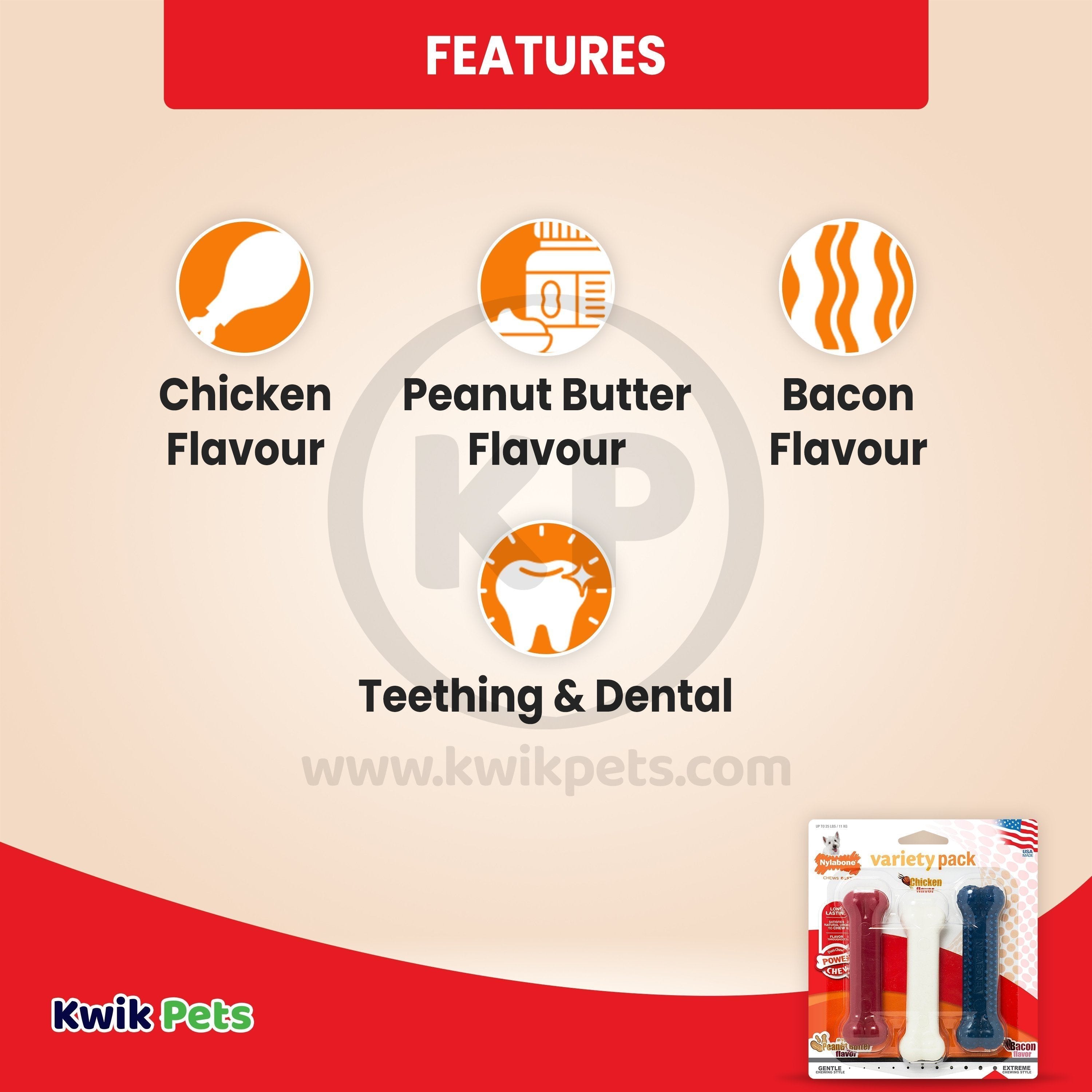 Nylabone Power Chew Variety Triple Pack Chicken Bacon & Peanut Butter Small/Regular - Up To 25 Ibs 3 Count