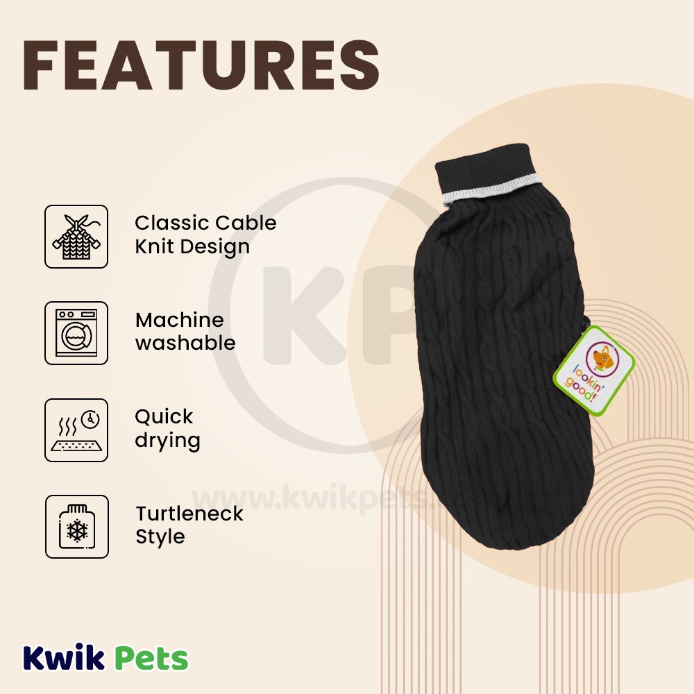Fashion Pet Classic Cable Dog Sweater Black Extra-Small