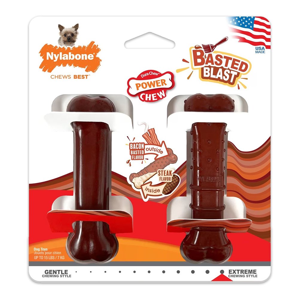 Nylabone Power Chew Basted Blast Dual Flavored Dog Toys Bacon & Steak XS/Petite - Up To 15 lbs 2 Count