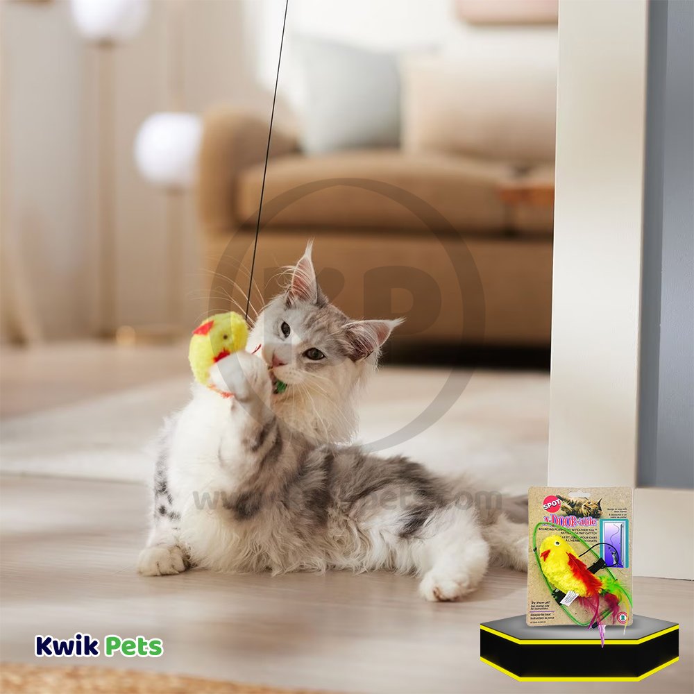 Spot A-Door-Able Bouncing Plush Bird with Feather Tail Cat Toy Multicolor 4.5-in
