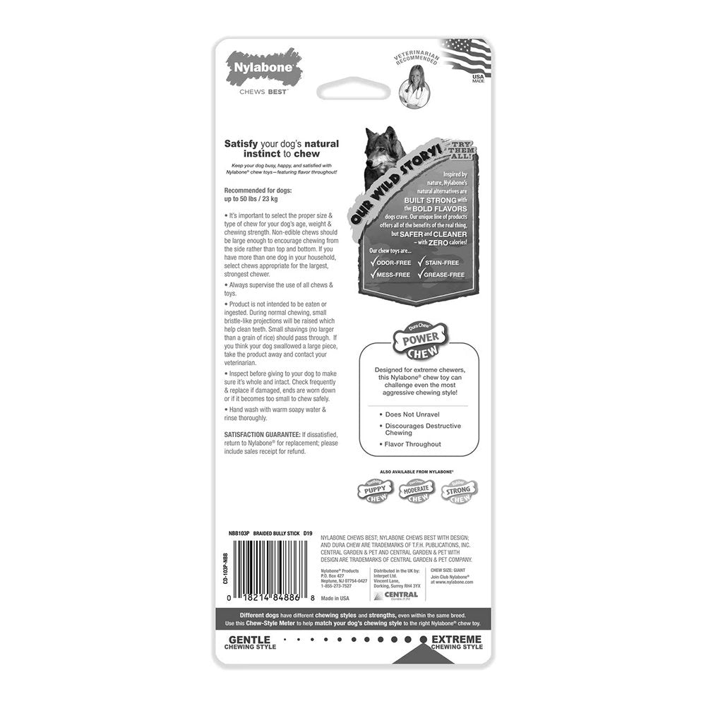 Nylabone Power Chew Braided Bully Stick Alternative Dog Toy Beef Large/Giant - Up To 50 lbs