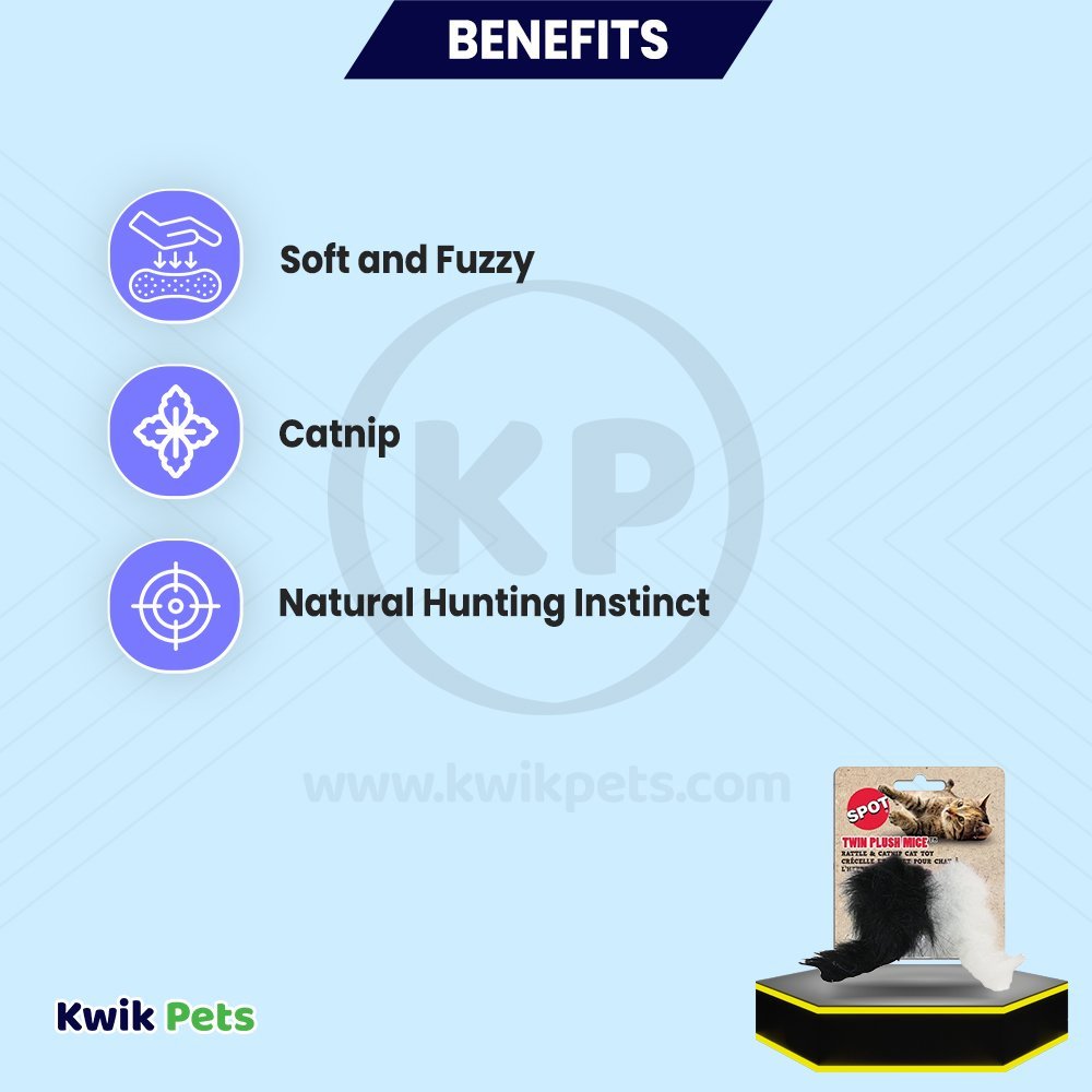 Spot Twin Plush Mice Rattle & Catnip Cat Toy Black & White 2 Count 4.5-in