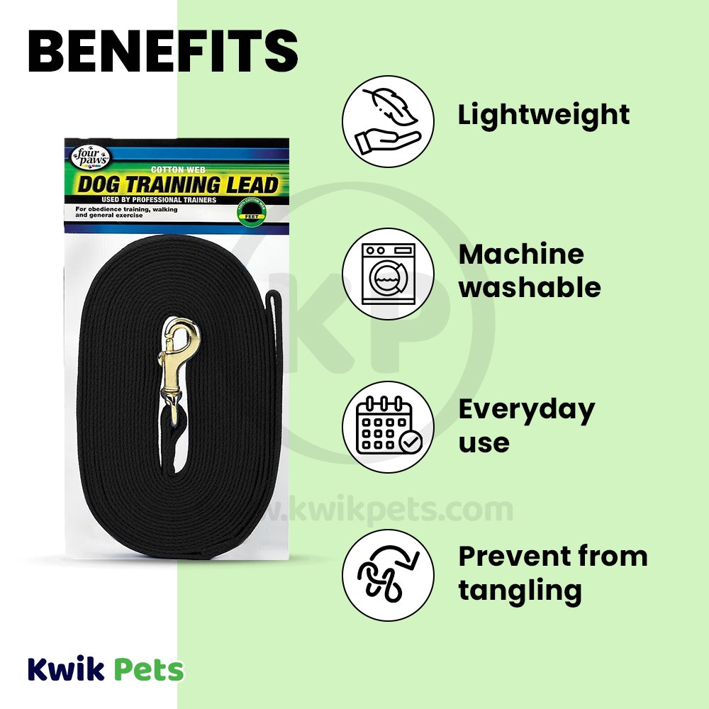 Four Paws Cotton Web Dog Training Lead Black 10-ft
