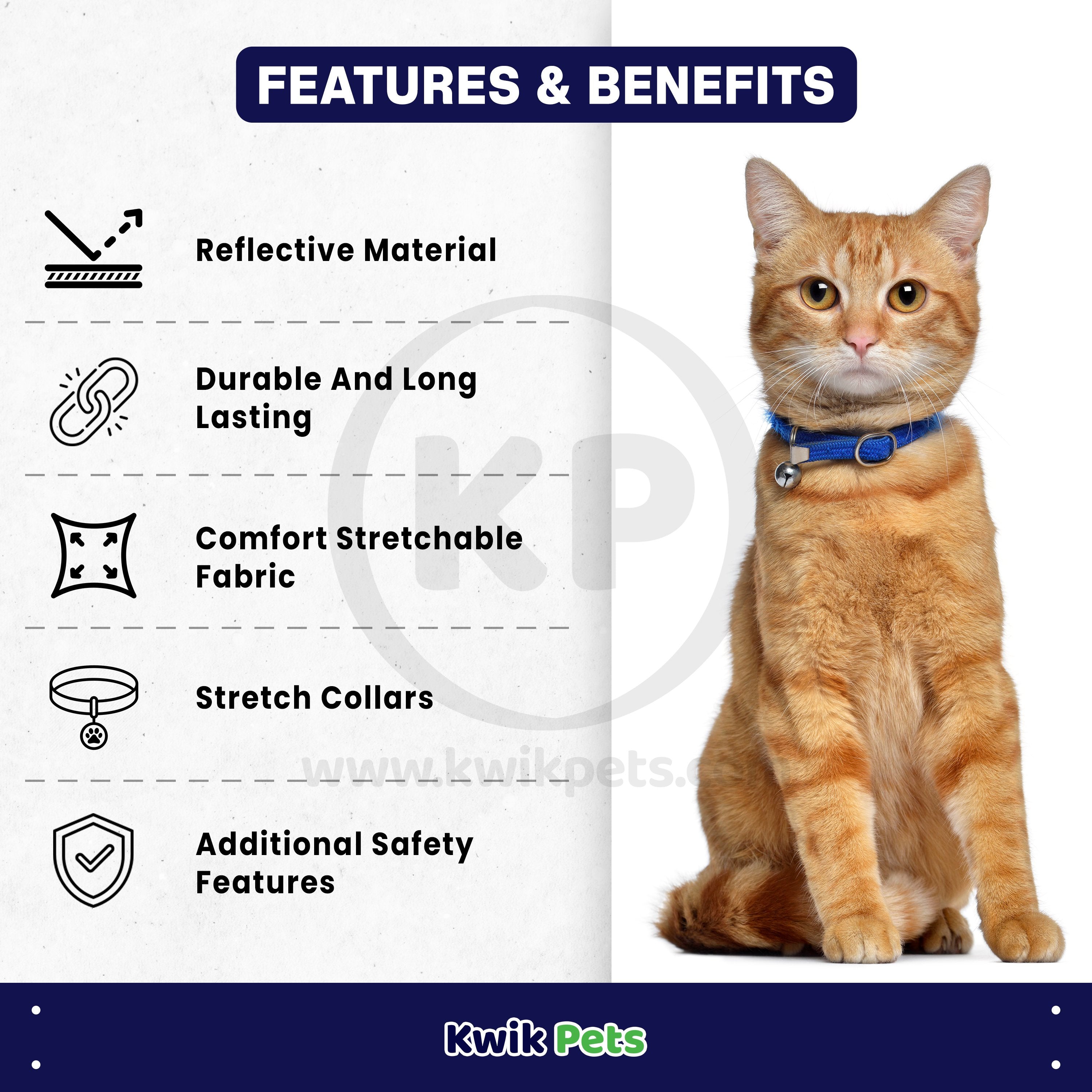 Elasta Cat Reflective Safety Stretch Collar with Reflective Charm Blue 3/8 In X 10 in