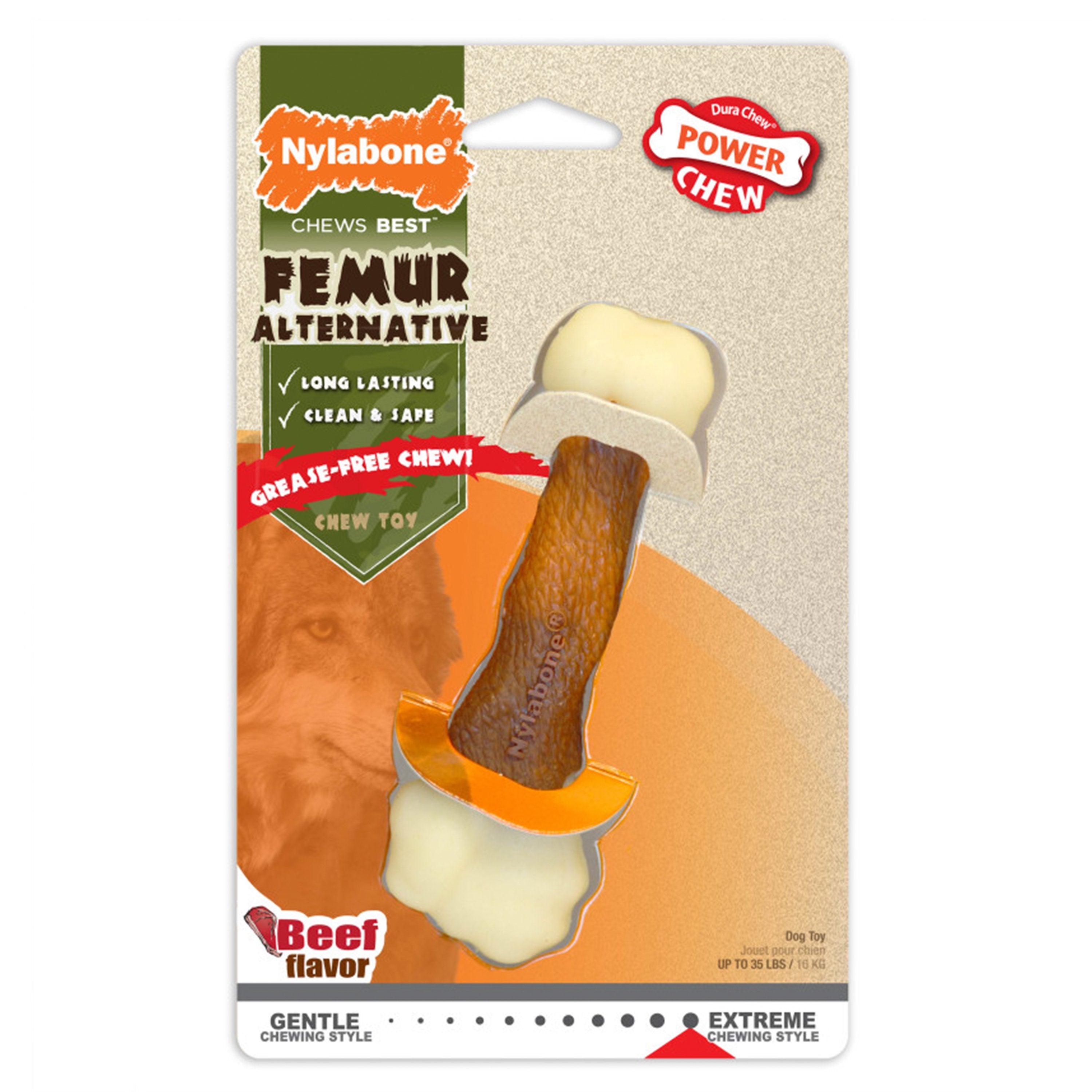 Nylabone Power Chew Femur Bone Alternative Dog Toy Beef Medium/Wolf - Up To 35 lbs