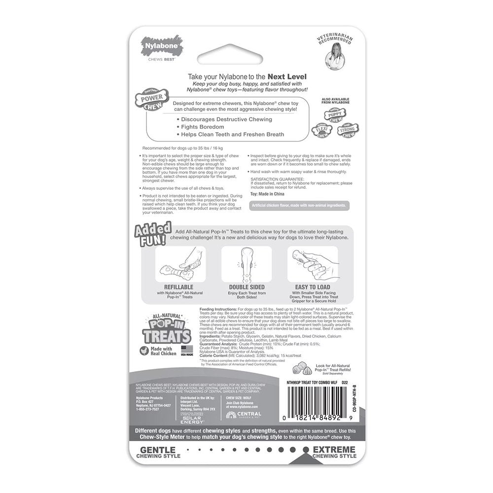 Nylabone Power Chew Knuckle Bone & Pop-In Treat Dog Toy Combo Chicken Medium/Wolf - Up To 35 lbs