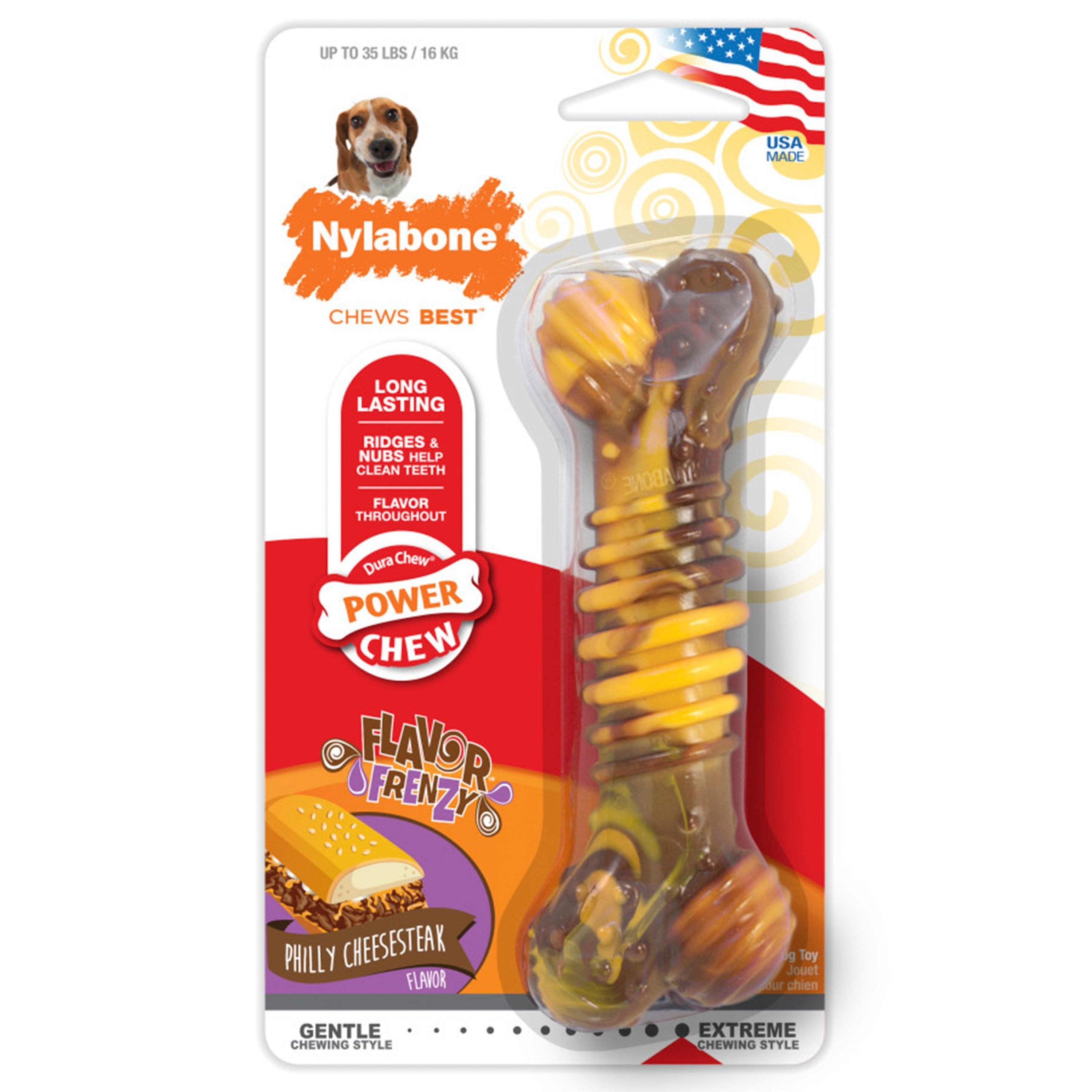 Nylabone Flavor Frenzy Power Chew Durable Dog Toy Philly Cheesesteak Medium/Wolf - Up To 35 lbs