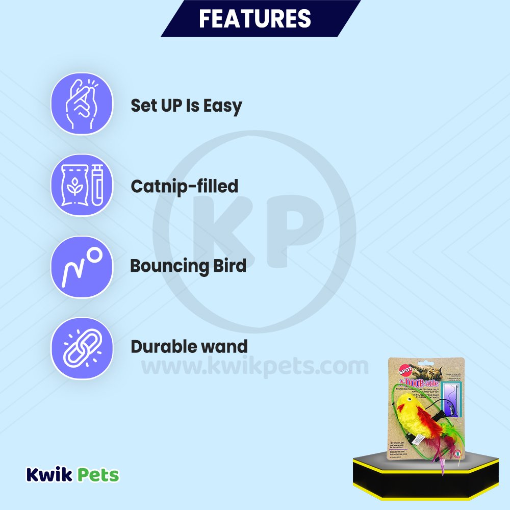 Spot A-Door-Able Bouncing Plush Bird with Feather Tail Cat Toy Multicolor 4.5-in