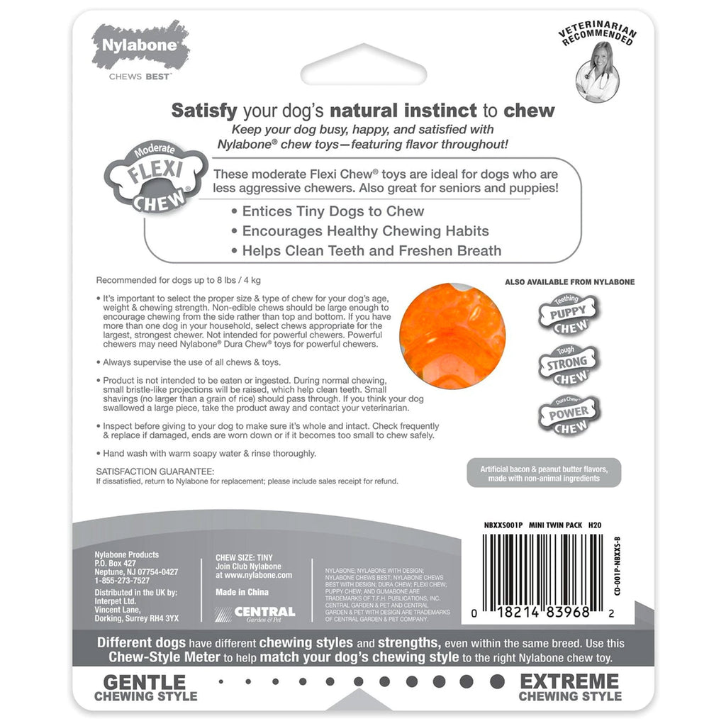 Nylabone Moderate FlexiChew Bone Dog Toy Peanut Butter & Bacon XXS/Tiny - Up To 8 lbs 2 Count
