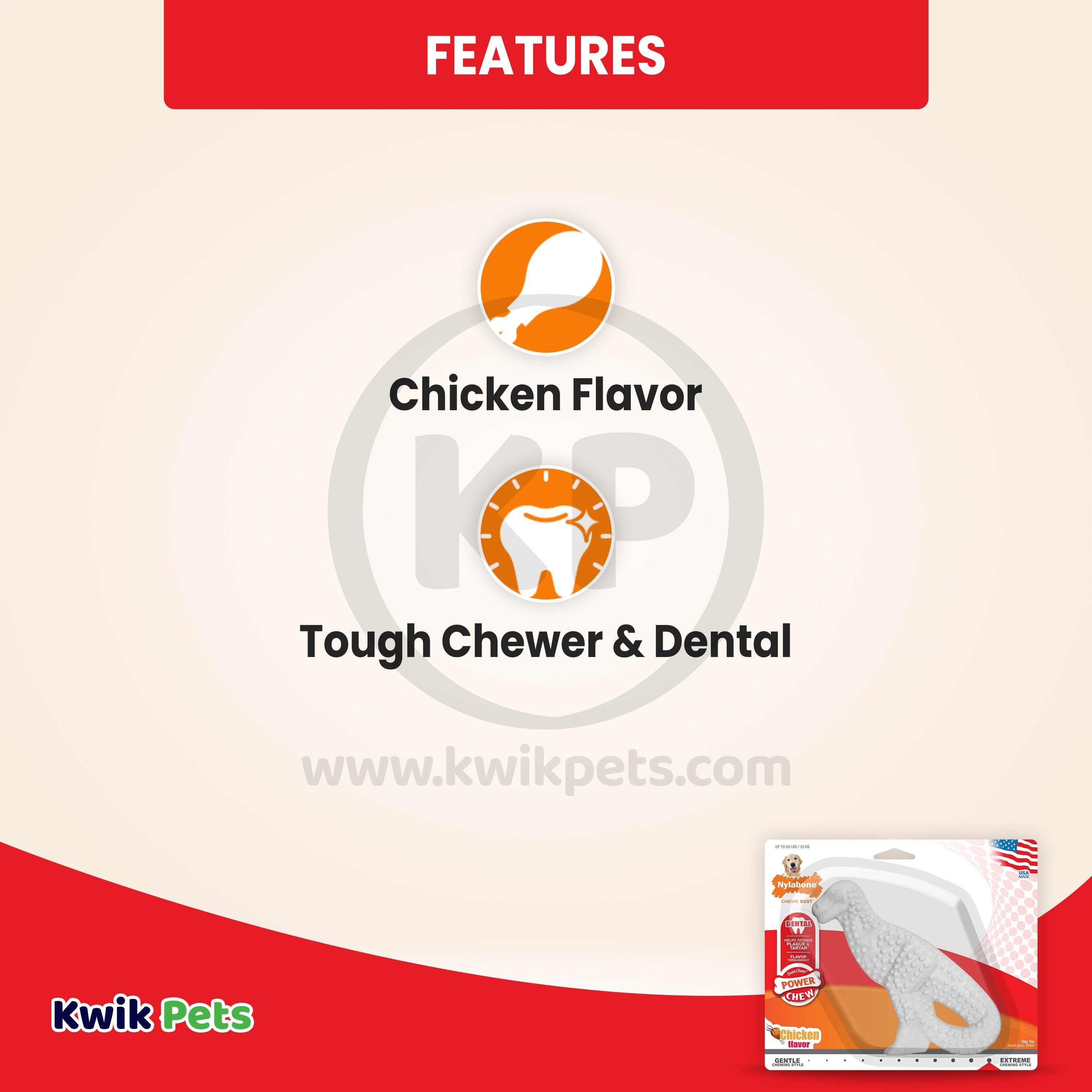 Nylabone Power Chew Dental Dinosaur Dog Toy Chicken White Large/Giant - Up To 50 lbs