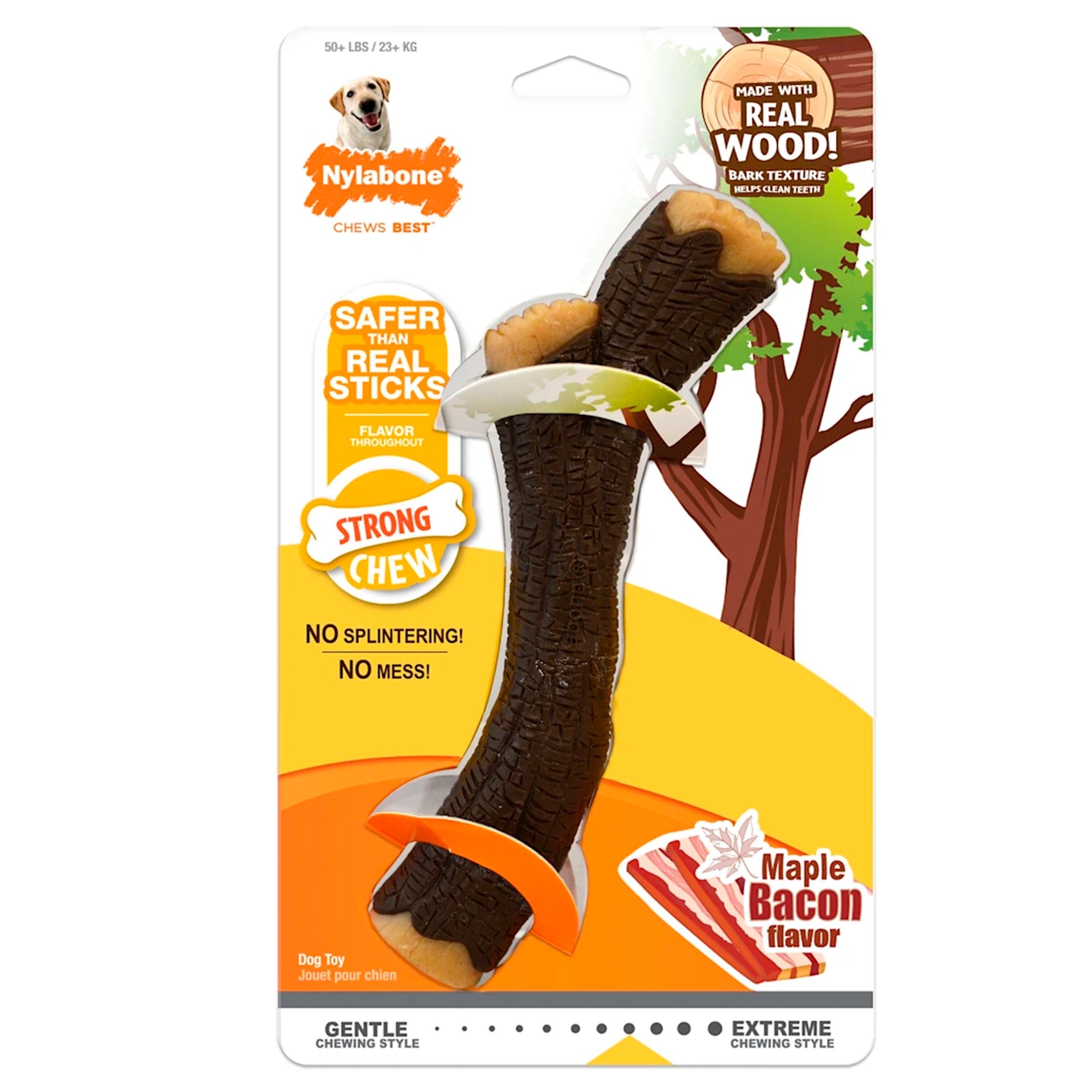 Nylabone Strong Chew Real Wood Dog Stick Toy Bacon XL/Souper - 50+ lbs