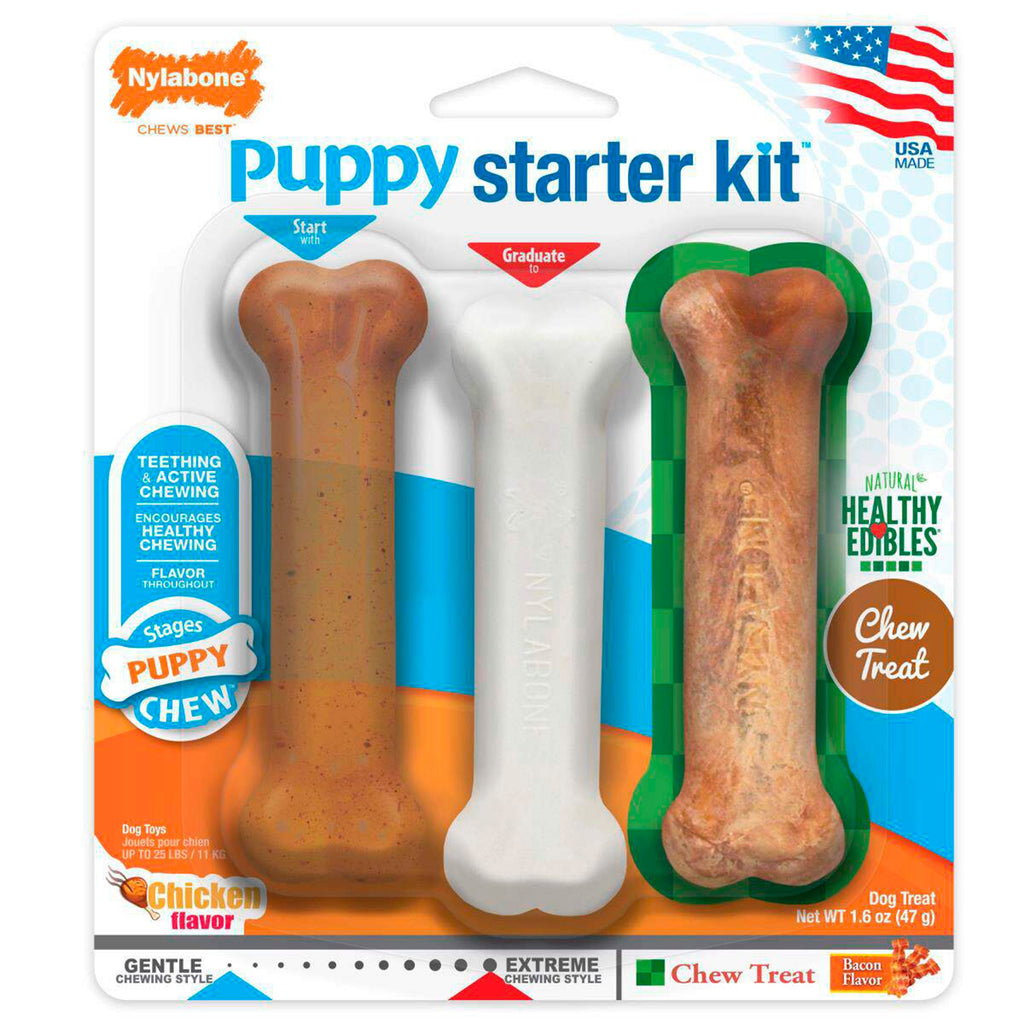 Nylabone Puppy Starter Kit Dog Chew Toys & Treat Chicken & Bacon Small/Regular - Up To 25 Ibs 3 Count