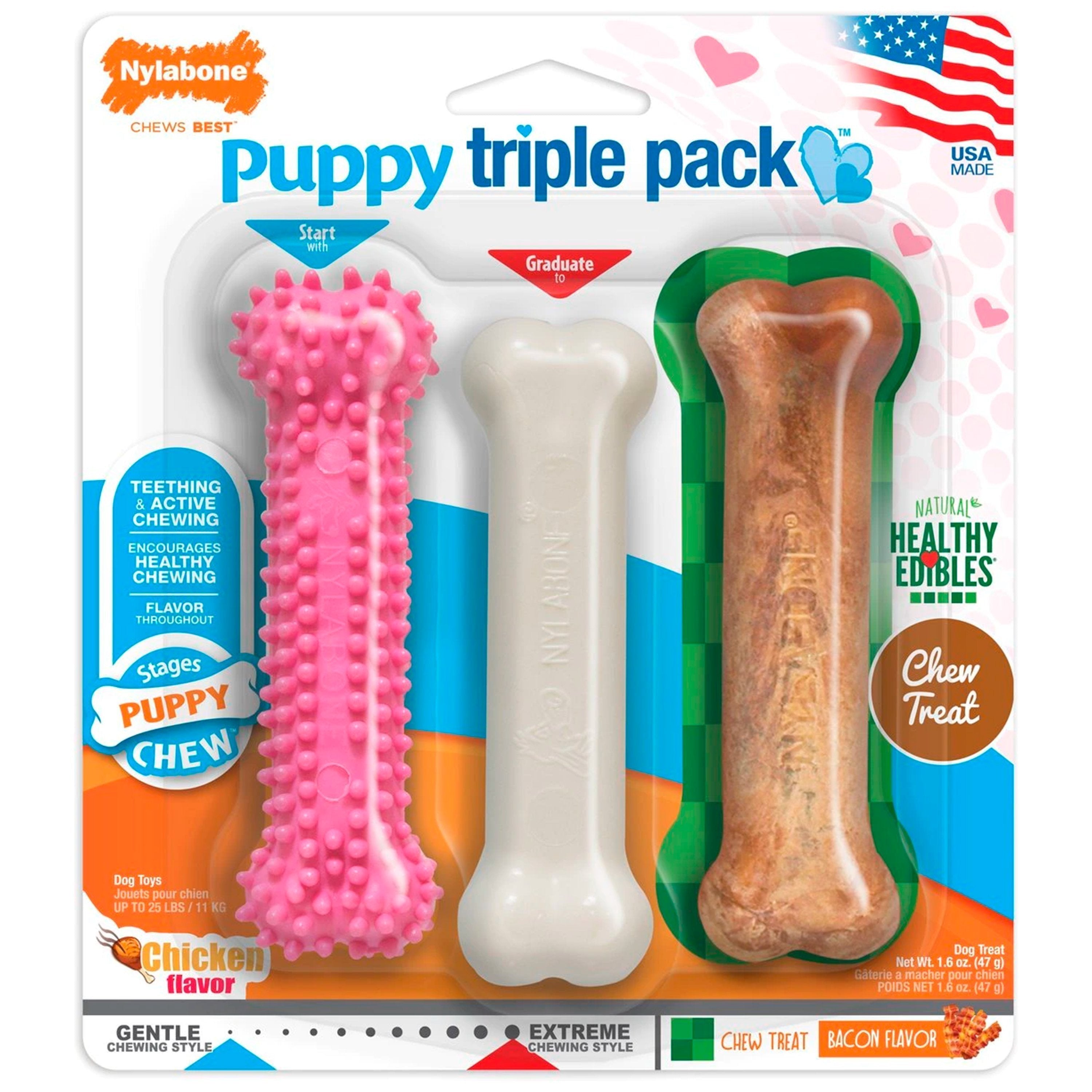 Nylabone Puppy Chew Toy & Treat Variety Triple Pack Chicken & Lamb Starter Kit Small/Regular - Up To 25 Ibs 3 Count